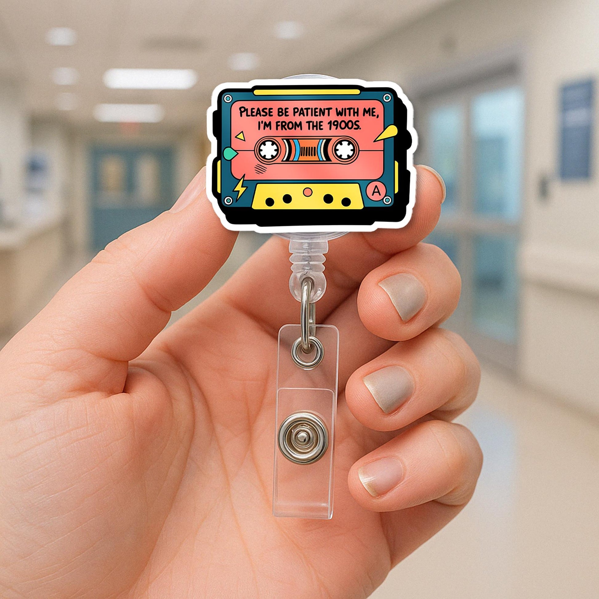 Funny Retro Badge Reel, 90s Cassette Tape ID Holder, Vintage Nurse Badge Clip, Humor Work Lanyard, Cute Office Accessory