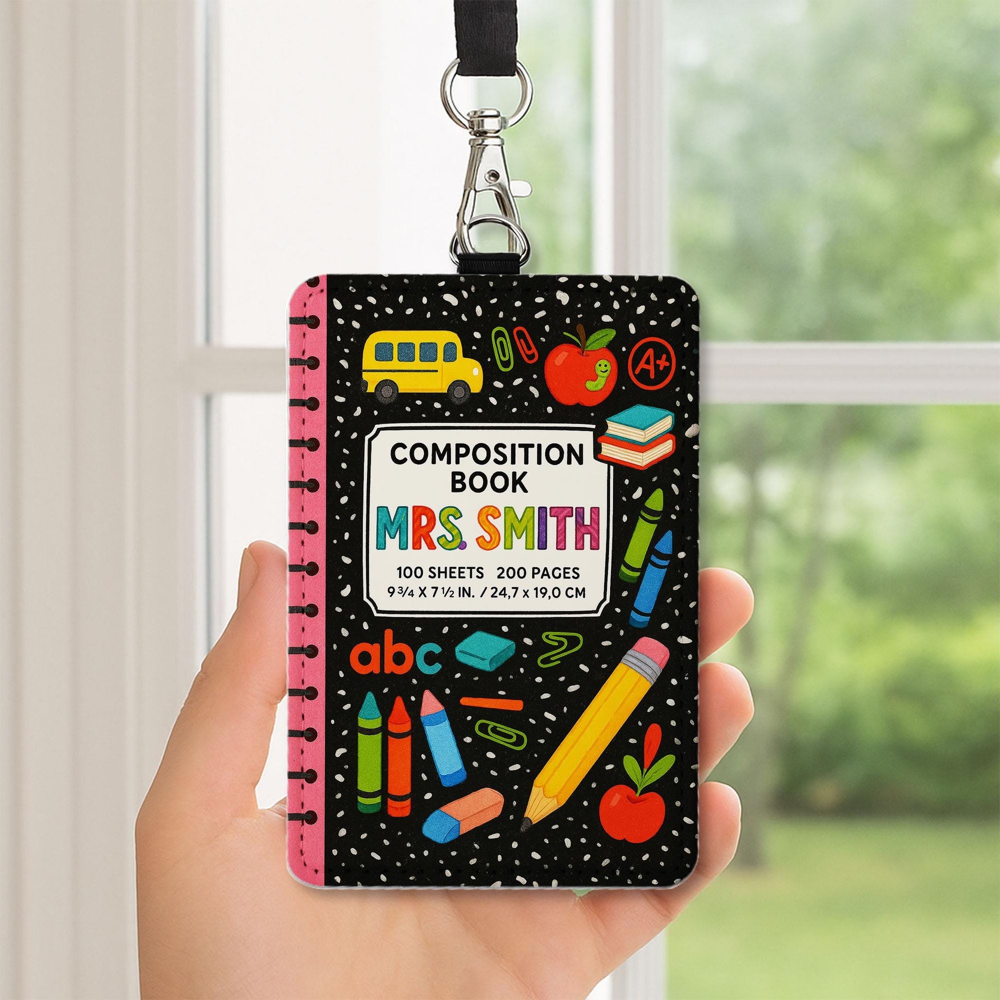 Custom Teacher Badge Holder, Cute Composition Book ID Badge Reel, Personalized Teacher Lanyard, Back to School Gift for Teacher