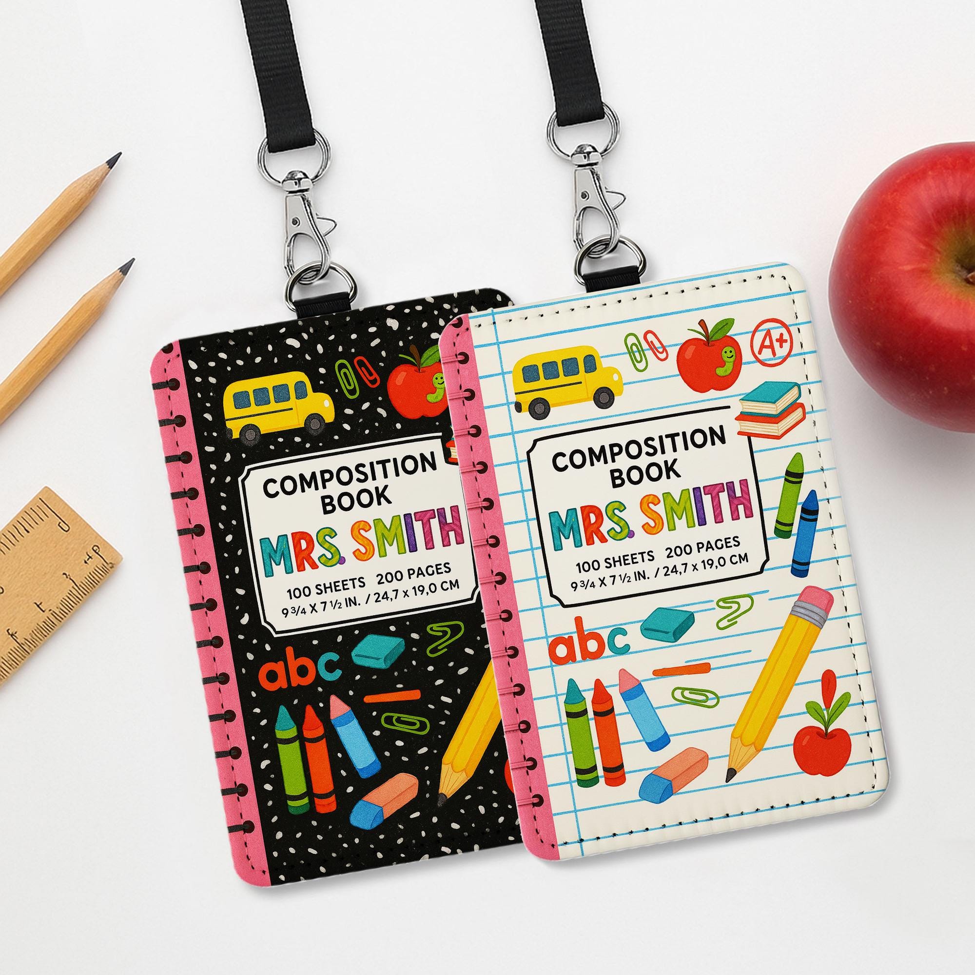 Custom Teacher Badge Holder, Cute Composition Book ID Badge Reel, Personalized Teacher Lanyard, Back to School Gift for Teacher