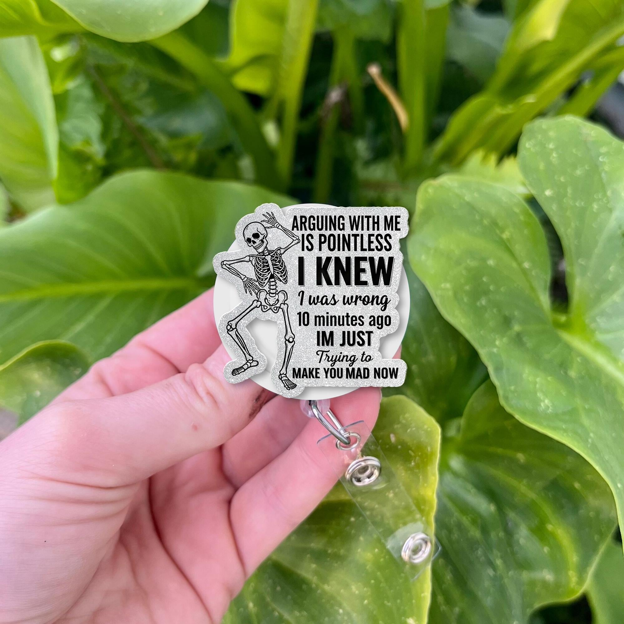Funny Skeleton Badge Reel – “Arguing With Me Is Pointless” ID Holder, Retractable Badge Clip, Sarcastic Work Humor Gift