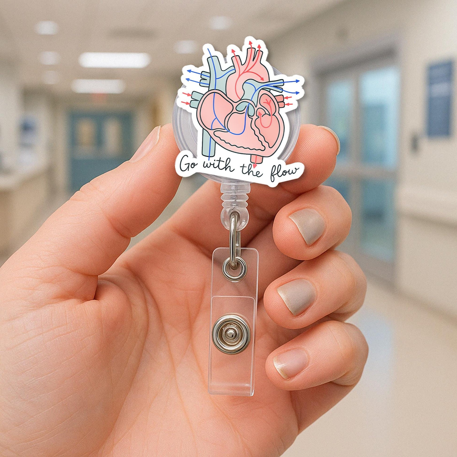 Anatomical Heart Badge Reel – “Go With the Flow” Retractable ID Holder, Medical Badge Clip, Nurse Cardiologist Gift, Anatomy Humor