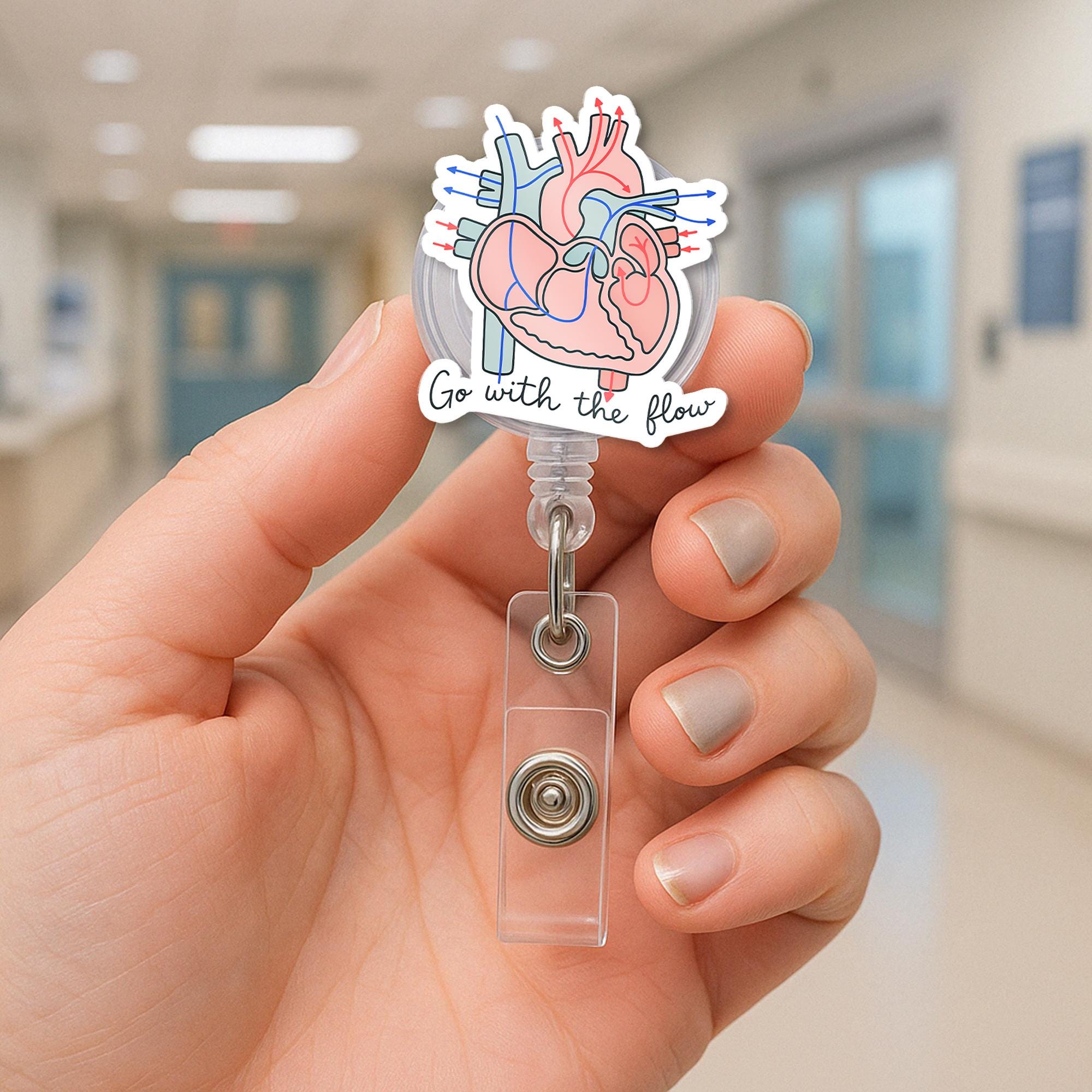 Anatomical Heart Badge Reel – “Go With the Flow” Retractable ID Holder, Medical Badge Clip, Nurse Cardiologist Gift, Anatomy Humor