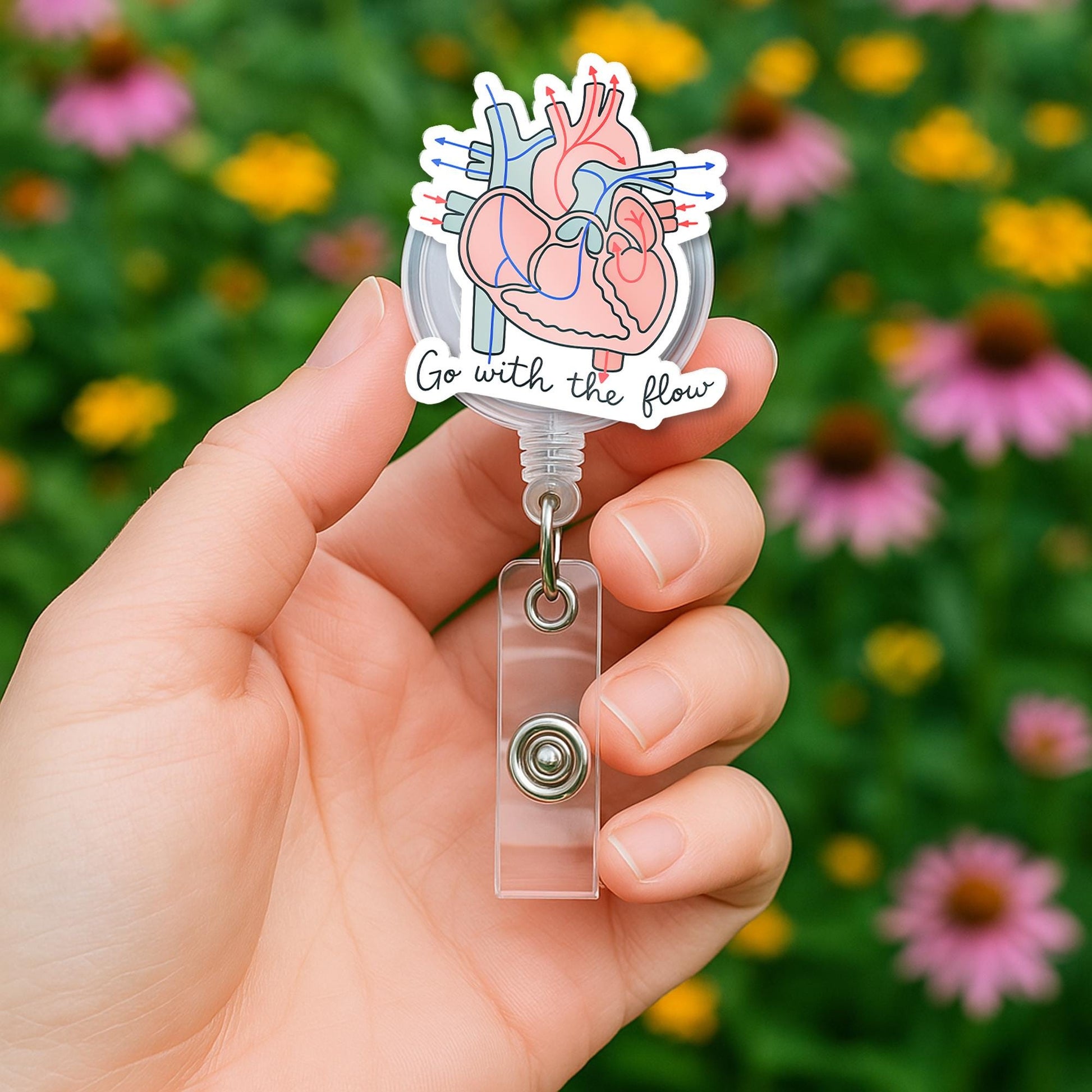 Anatomical Heart Badge Reel – “Go With the Flow” Retractable ID Holder, Medical Badge Clip, Nurse Cardiologist Gift, Anatomy Humor