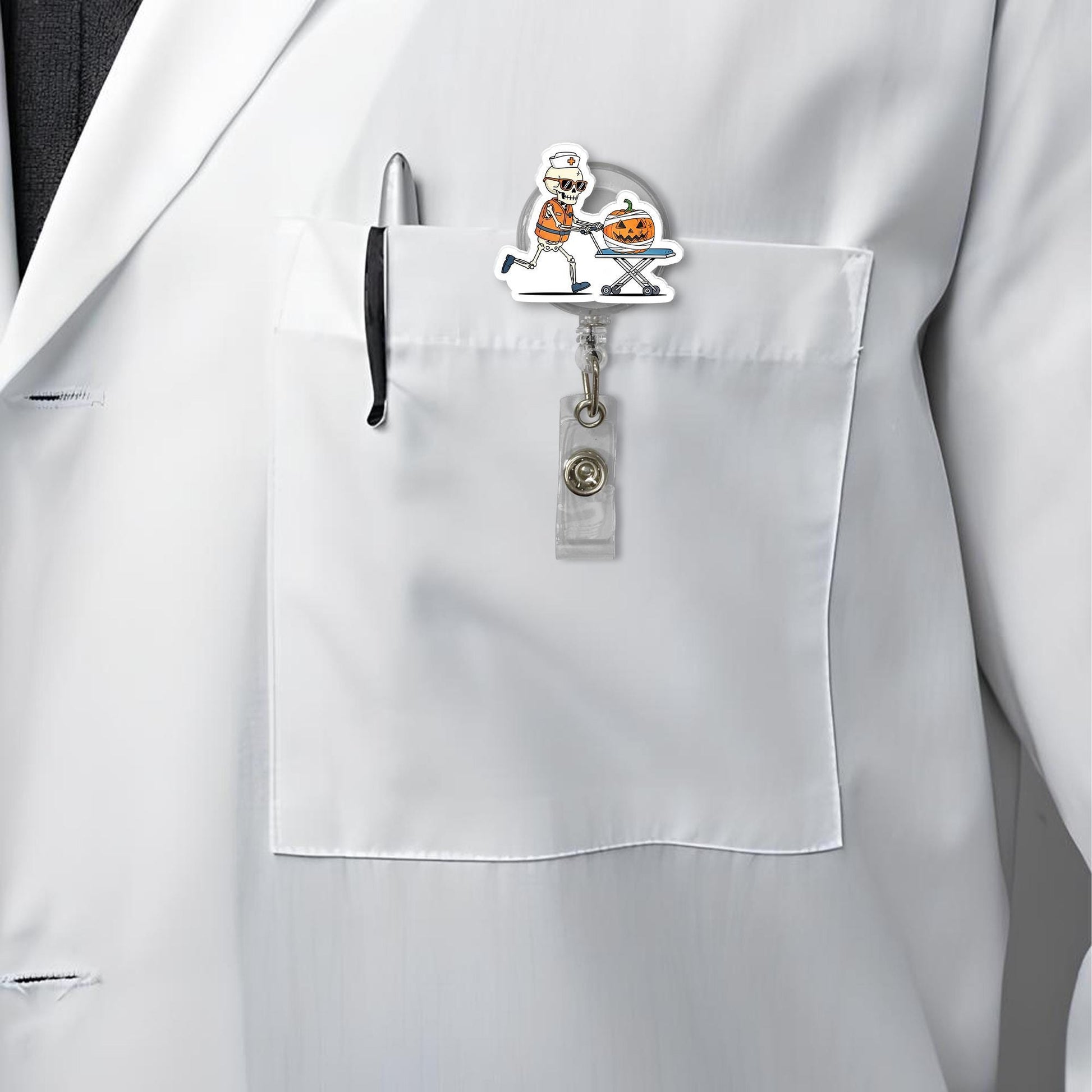 Halloween Skeleton Nurse Badge Reel – Funny Pumpkin ID Holder, Spooky Retractable Badge Clip, Fall Nurse Gift, EMT RN Badge Accessory