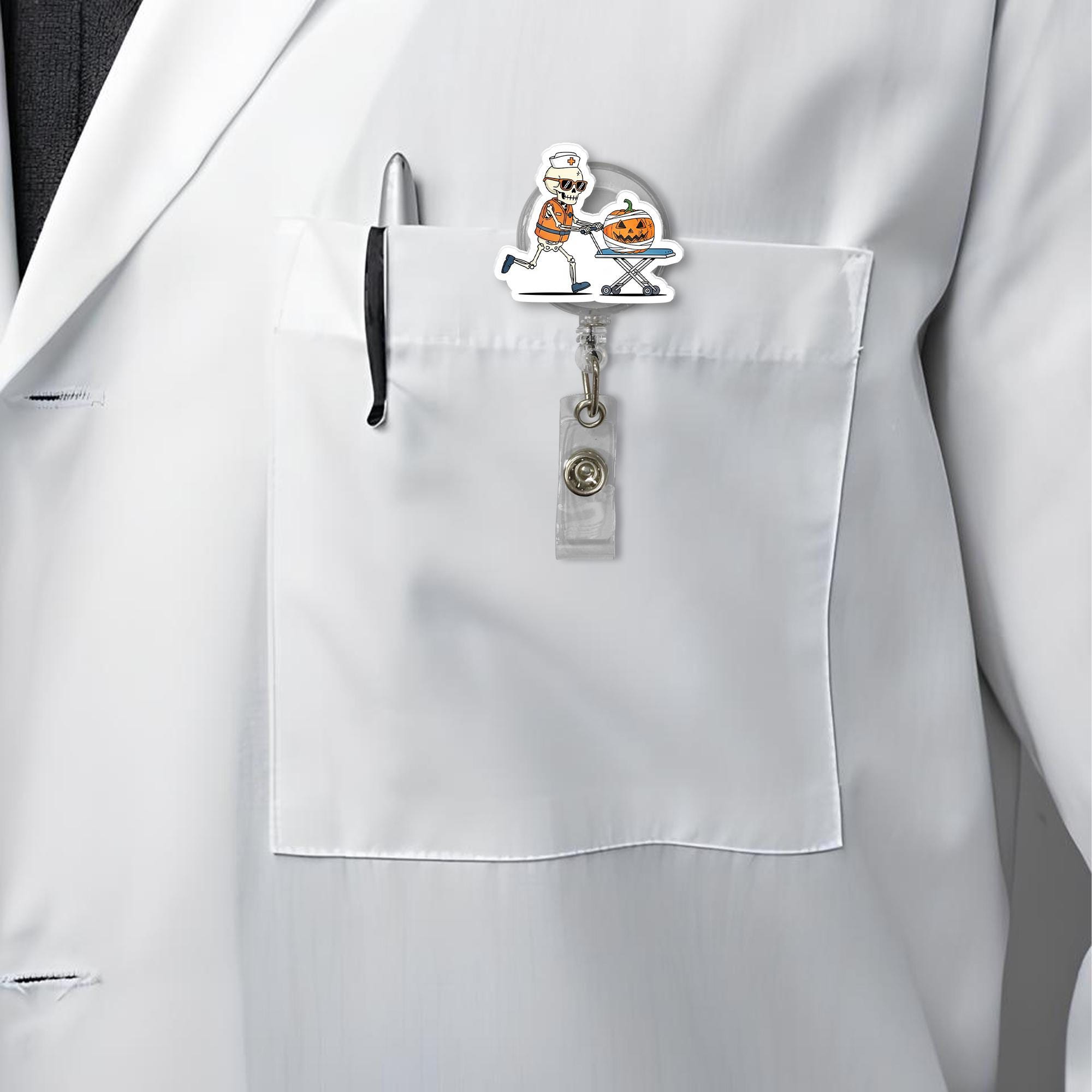 Halloween Skeleton Nurse Badge Reel – Funny Pumpkin ID Holder, Spooky Retractable Badge Clip, Fall Nurse Gift, EMT RN Badge Accessory