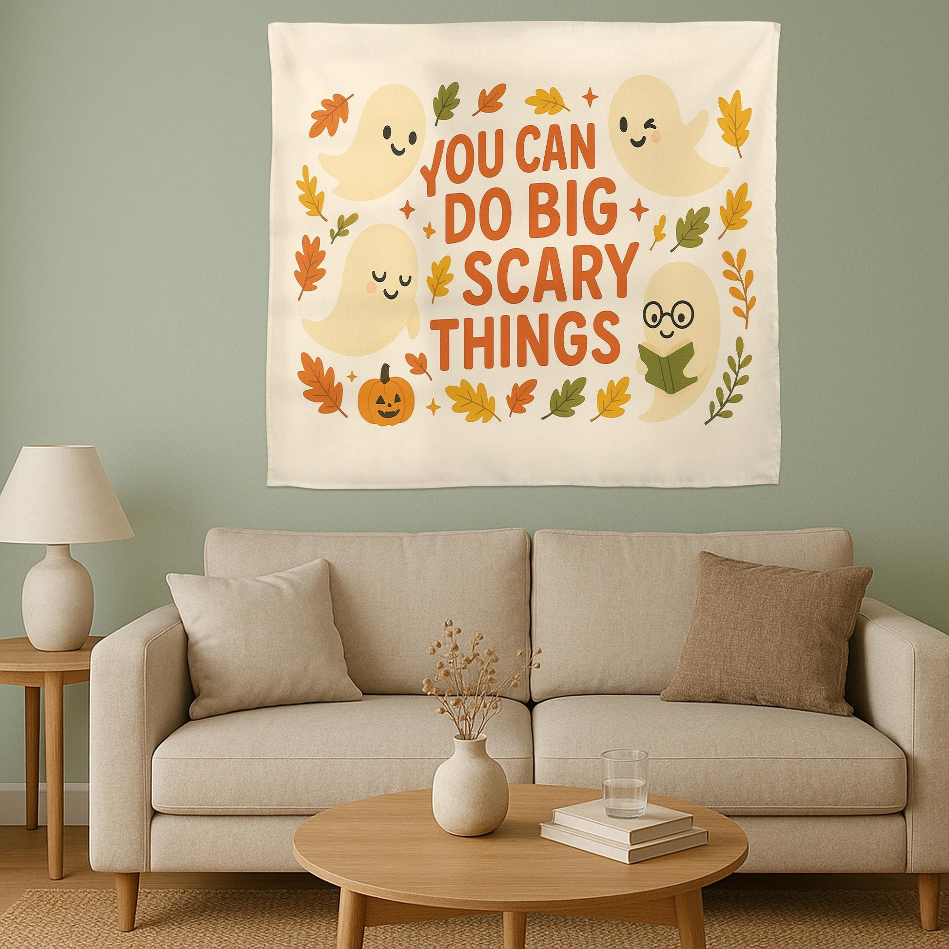 You Can Do Big Scary Things Tapestry – Cute Halloween Wall Hanging, Ghost Fall Decor, Motivational Quote Banner for Dorm or Living Room