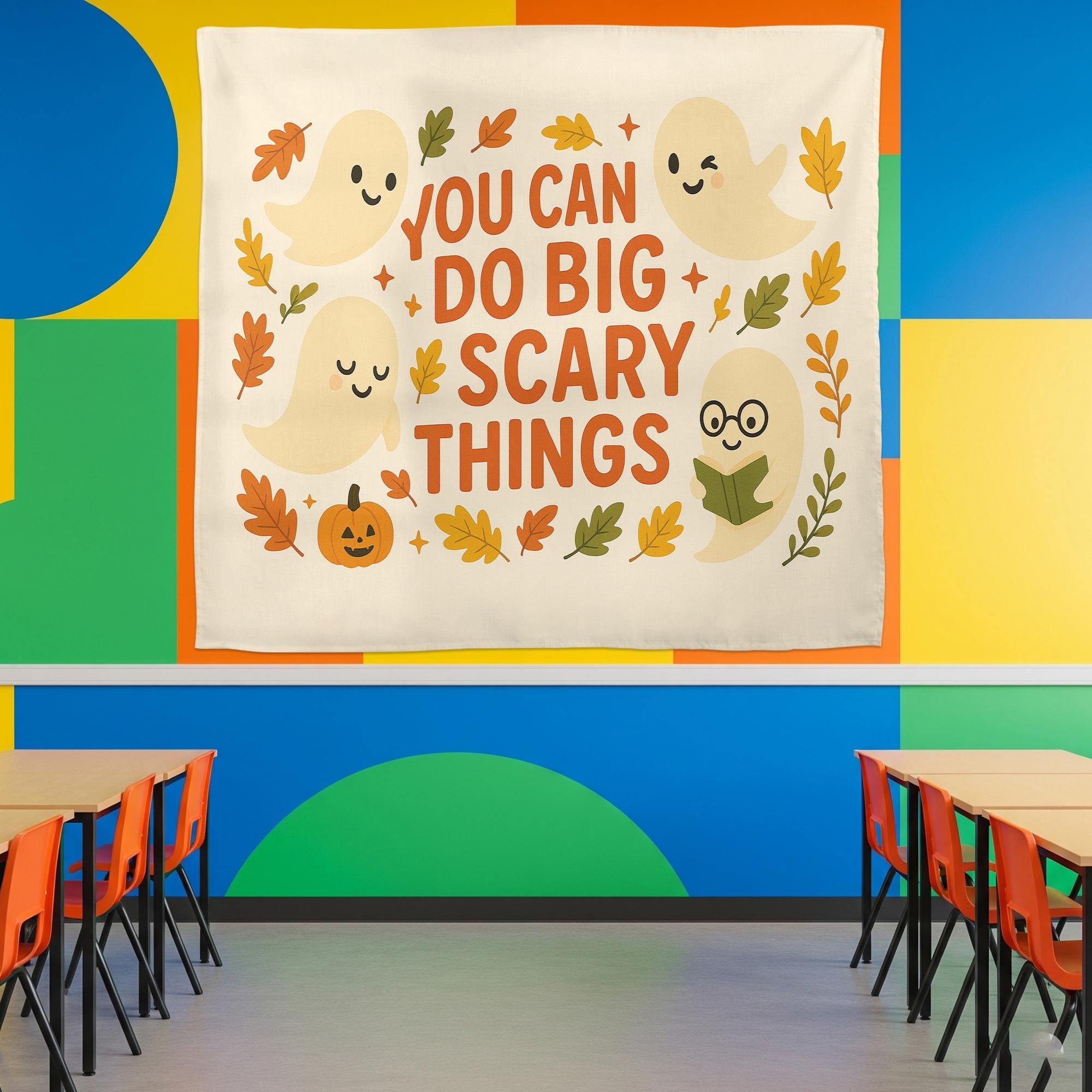 You Can Do Big Scary Things Tapestry – Cute Halloween Wall Hanging, Ghost Fall Decor, Motivational Quote Banner for Dorm or Living Room