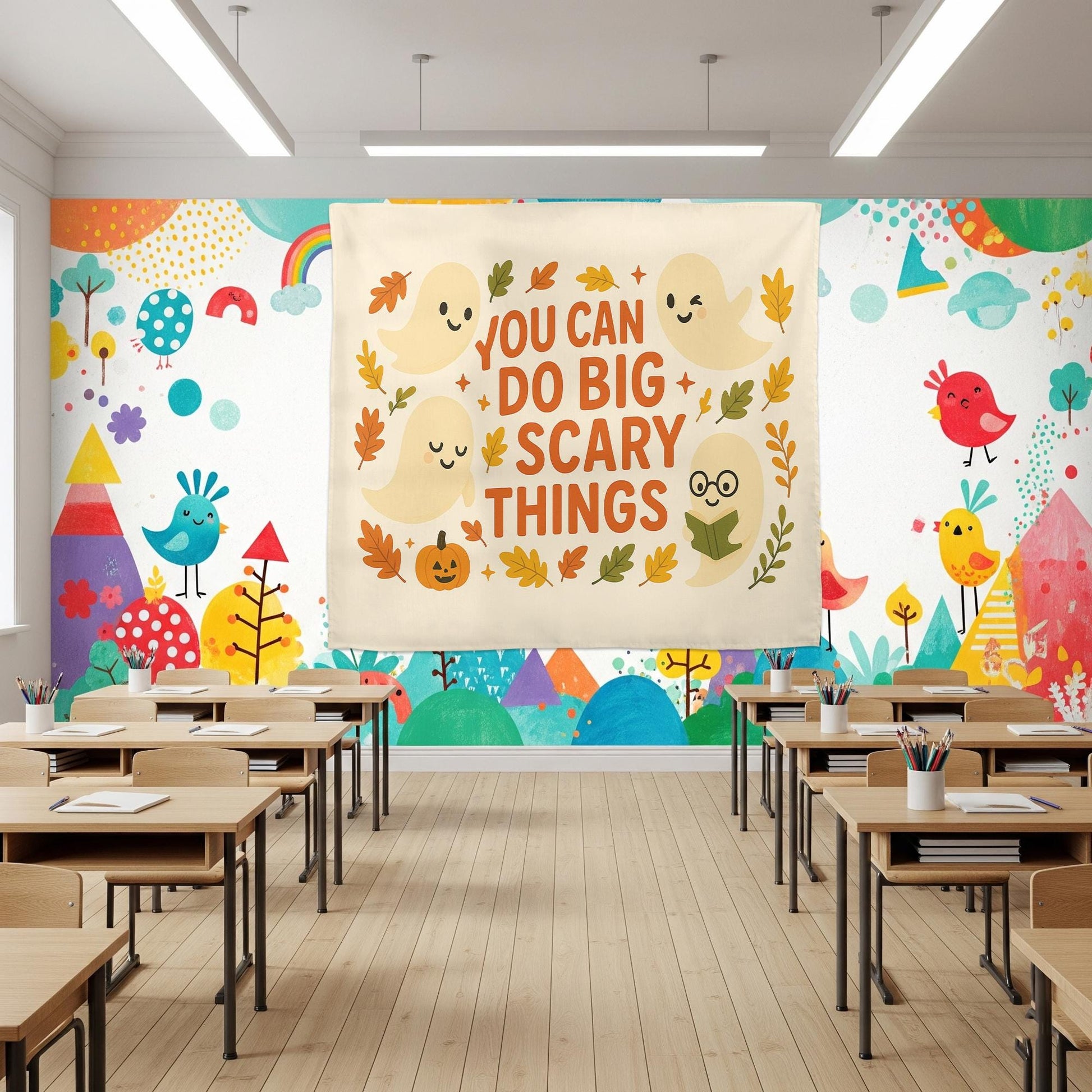 You Can Do Big Scary Things Tapestry – Cute Halloween Wall Hanging, Ghost Fall Decor, Motivational Quote Banner for Dorm or Living Room