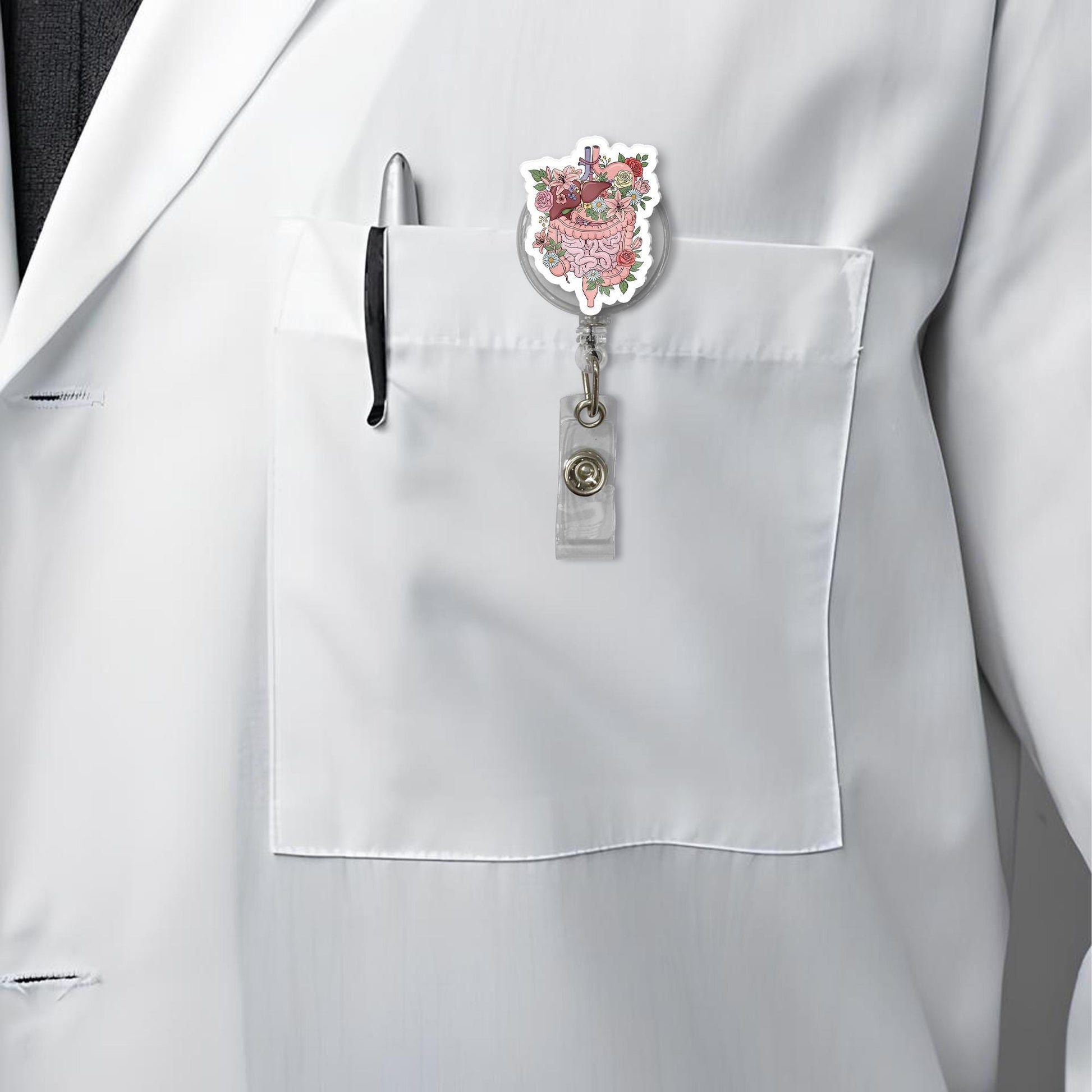 Floral Digestive System Badge Reel – Gut Anatomy ID Holder for Nurses, GI Techs, Cute Medical Badge Clip, Retractable Floral Organ Art