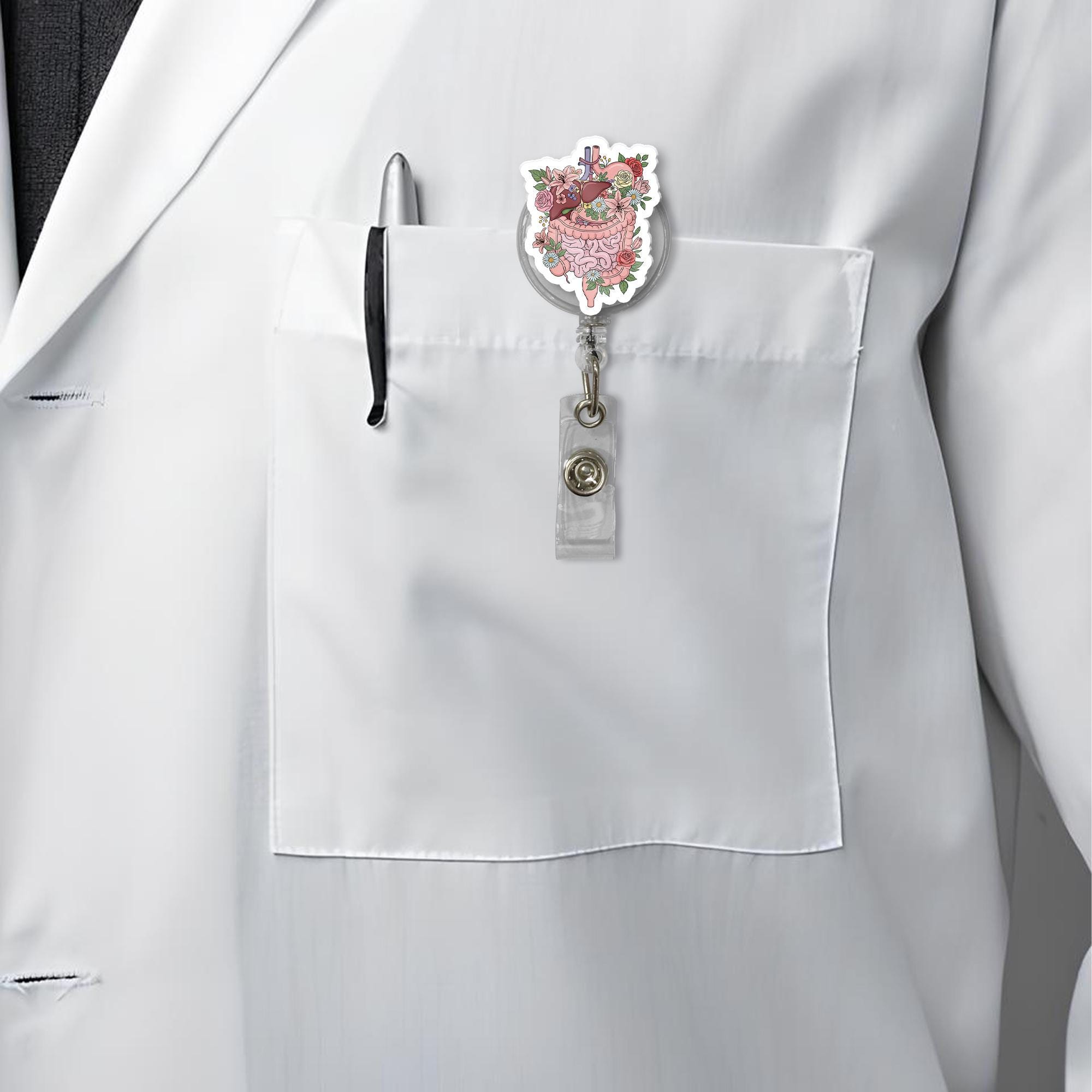 Floral Digestive System Badge Reel – Gut Anatomy ID Holder for Nurses, GI Techs, Cute Medical Badge Clip, Retractable Floral Organ Art