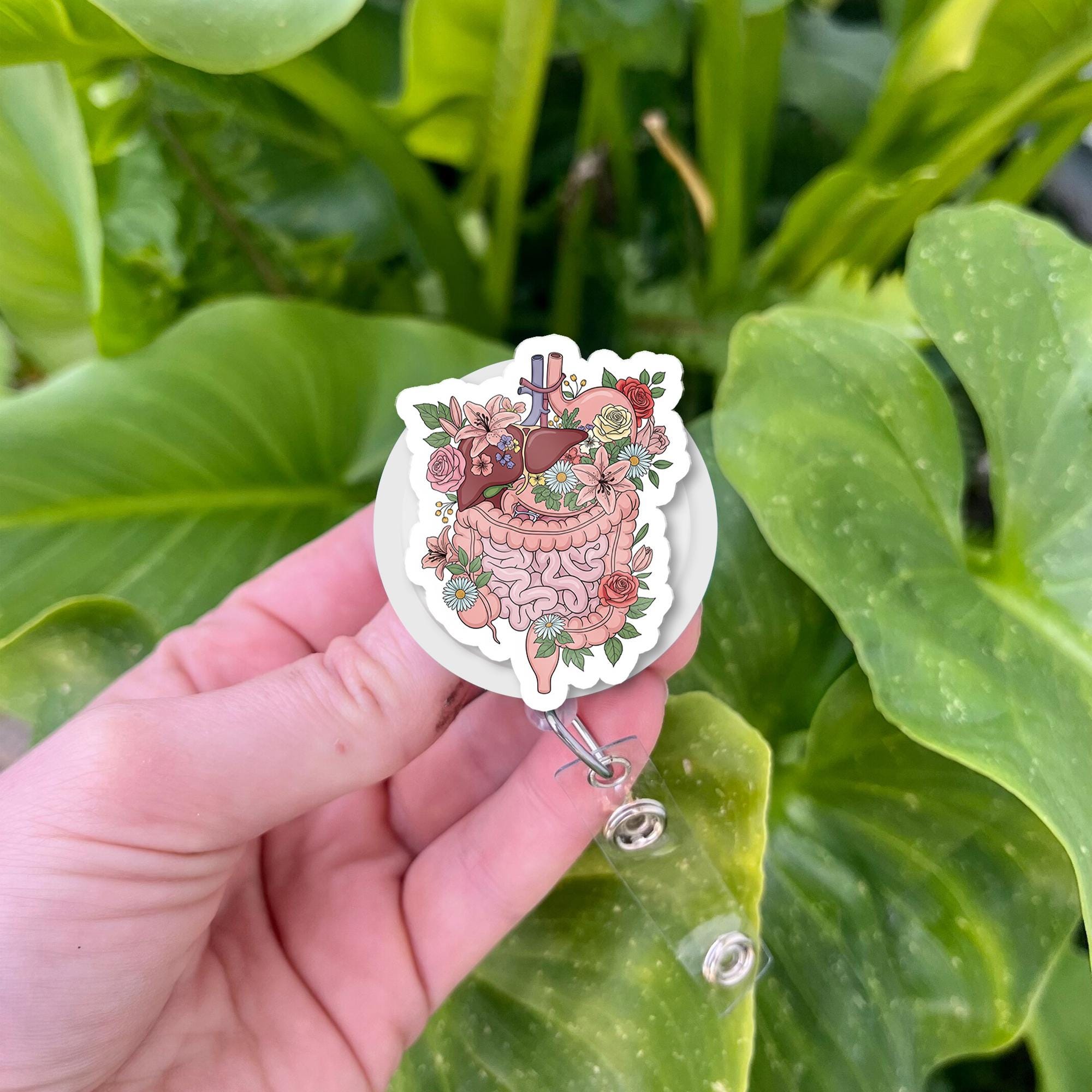 Floral Digestive System Badge Reel – Gut Anatomy ID Holder for Nurses, GI Techs, Cute Medical Badge Clip, Retractable Floral Organ Art