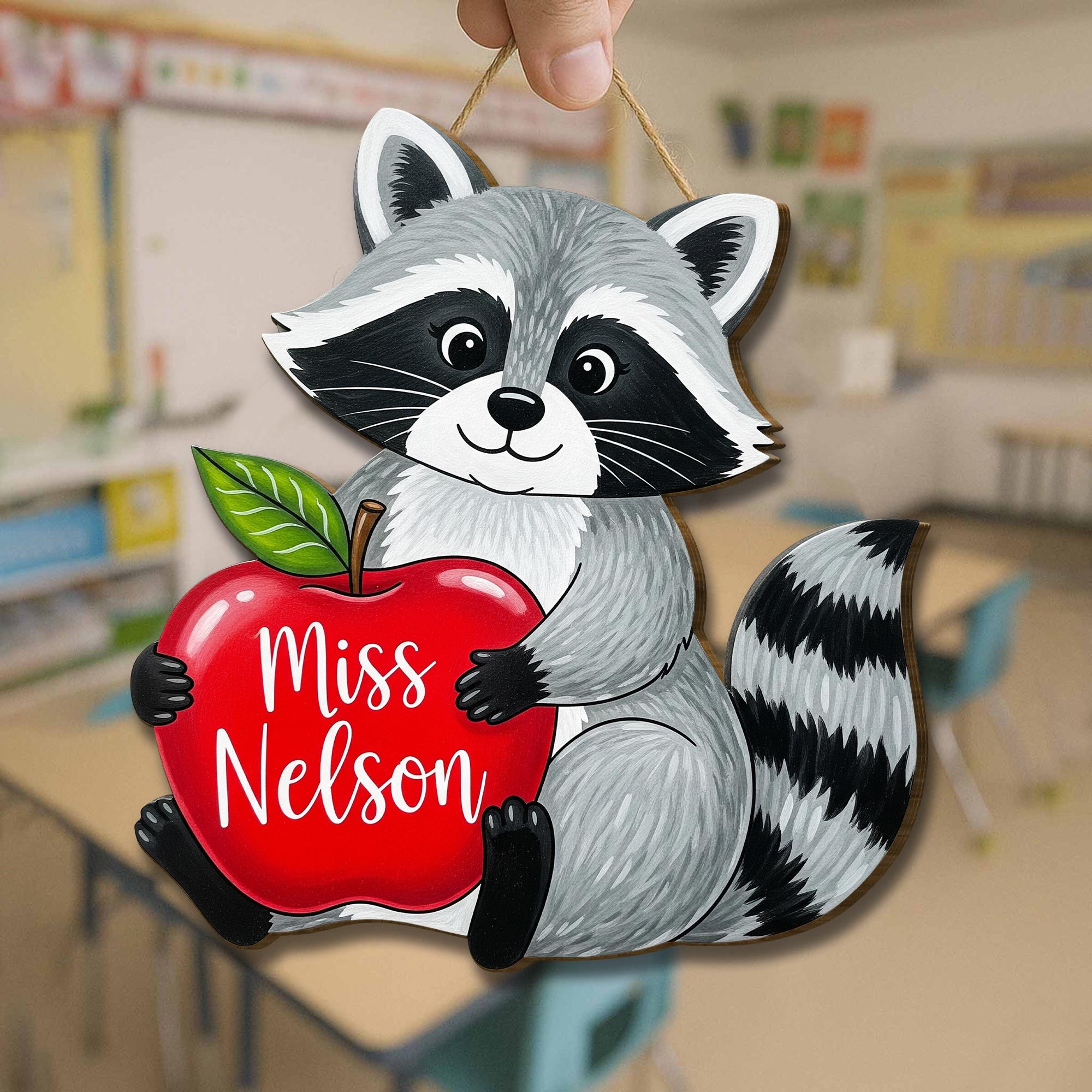 Personalized Raccoon Teacher Door Sign with Apple – Custom Classroom Hanging Decor Back to School Gift for Teachers, Educators, Wall Art