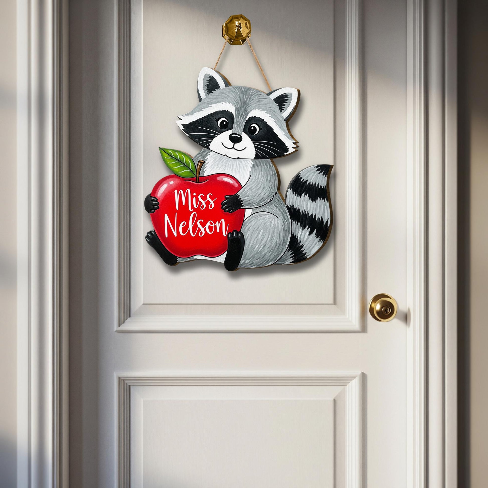 Personalized Raccoon Teacher Door Sign with Apple – Custom Classroom Hanging Decor Back to School Gift for Teachers, Educators, Wall Art
