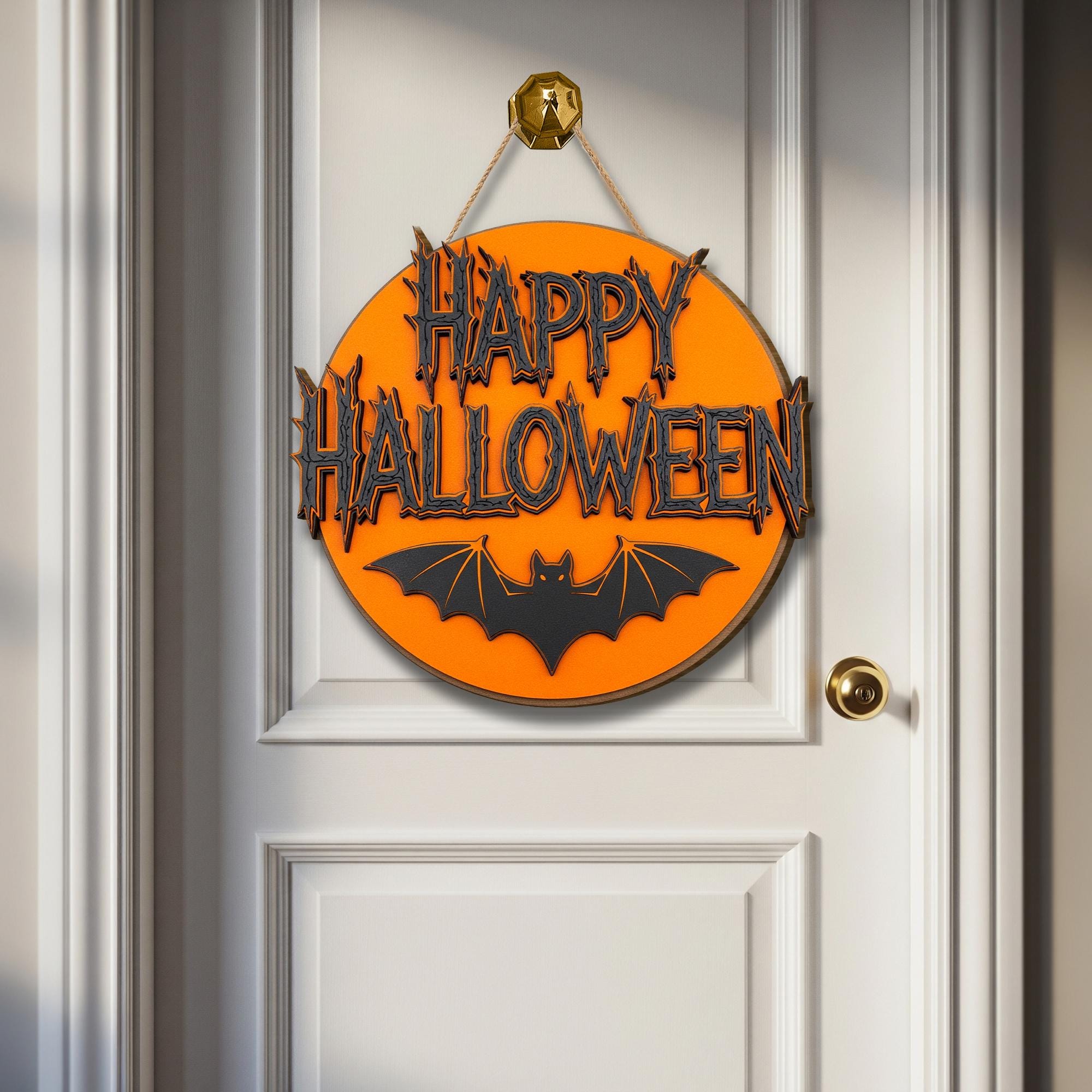 Happy Halloween 2 Layer Wall Sign | Spooky Bat Decor | Orange Round Halloween Plaque | Gothic Wall Art | Haunted House Sign