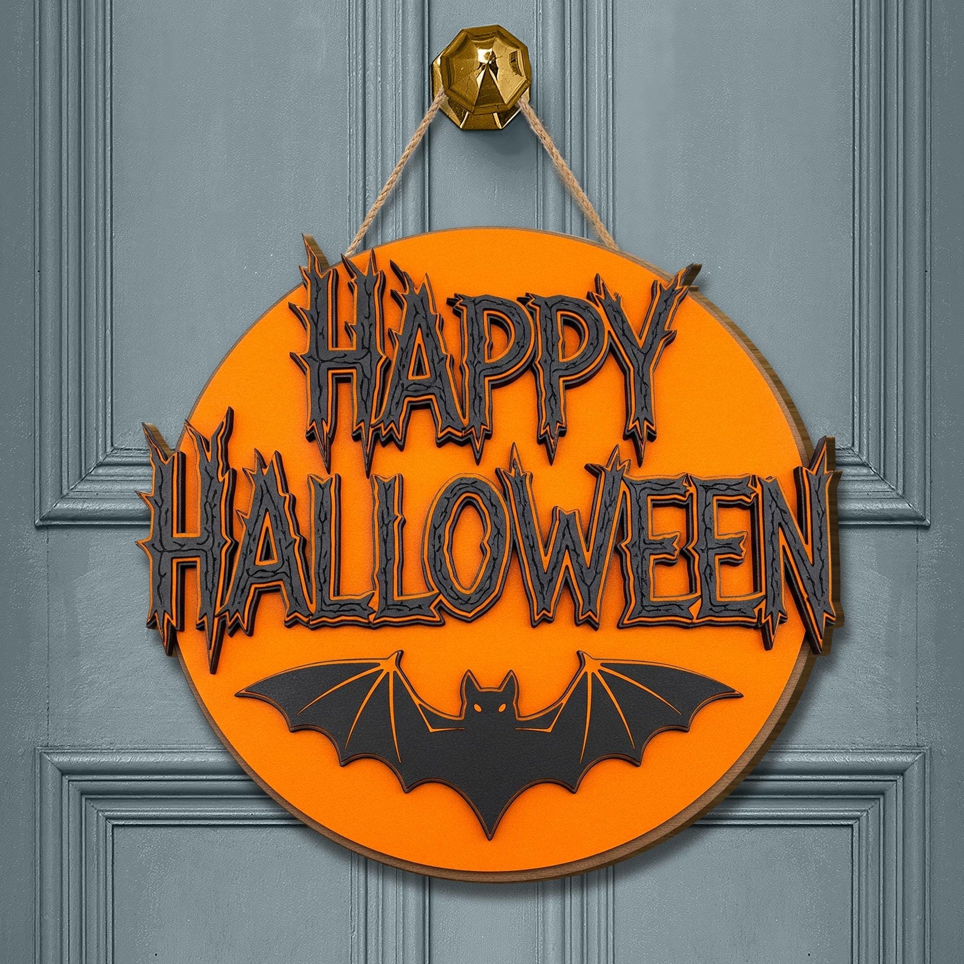 Happy Halloween 2 Layer Wall Sign | Spooky Bat Decor | Orange Round Halloween Plaque | Gothic Wall Art | Haunted House Sign
