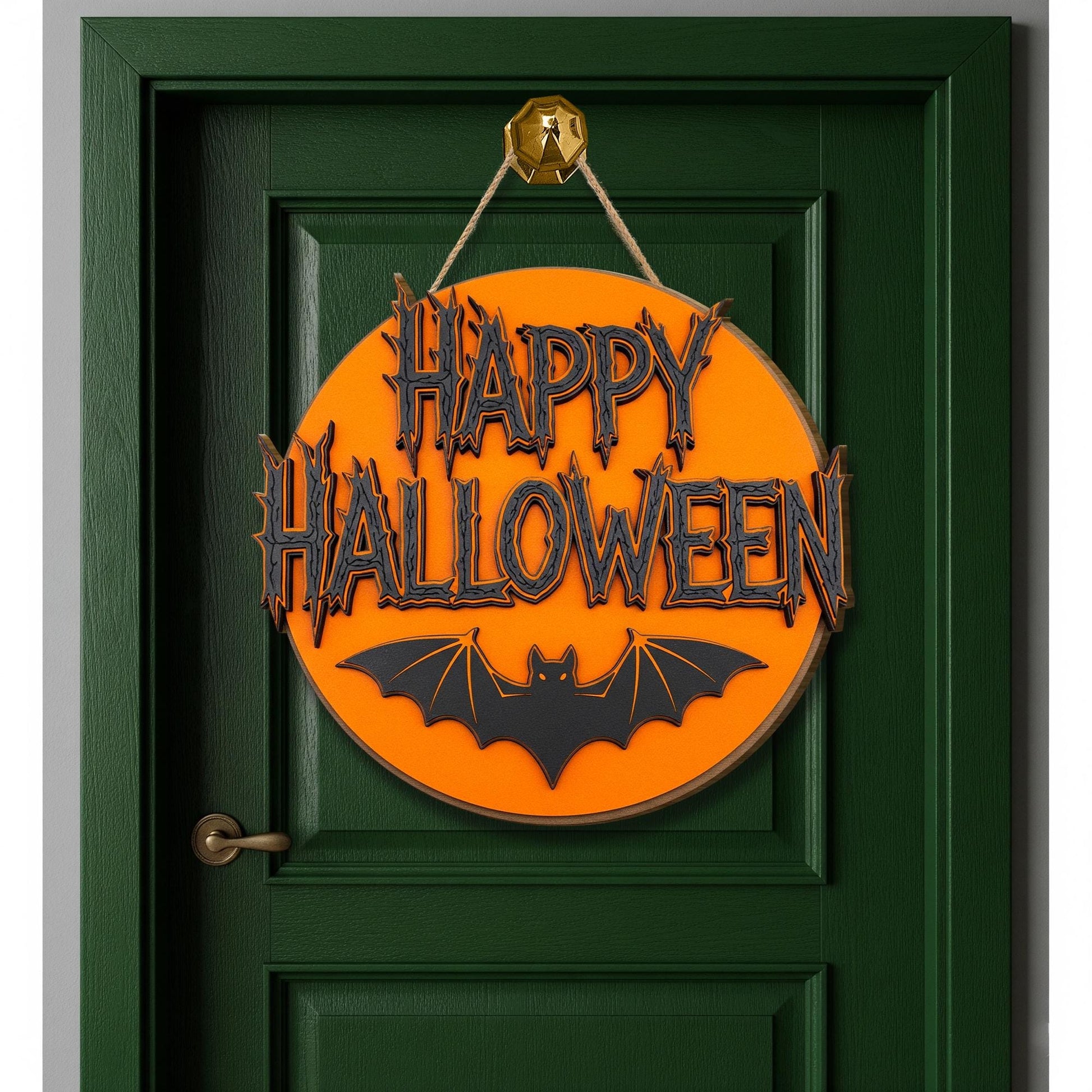 Happy Halloween 2 Layer Wall Sign | Spooky Bat Decor | Orange Round Halloween Plaque | Gothic Wall Art | Haunted House Sign