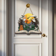 Halloween Storybook Door Hanger | Haunted Graveyard Hanging Sign with Ghosts | Spooky 3D Wall Decor | Pumpkin Skull Art