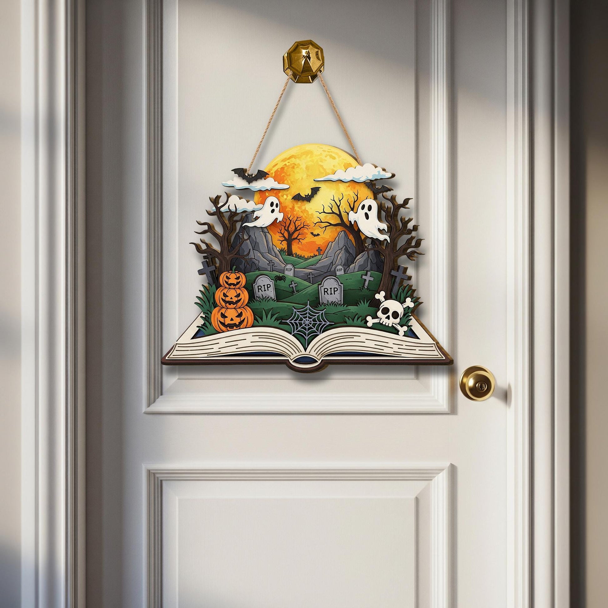 Halloween Storybook Door Hanger | Haunted Graveyard Hanging Sign with Ghosts | Spooky 3D Wall Decor | Pumpkin Skull Art