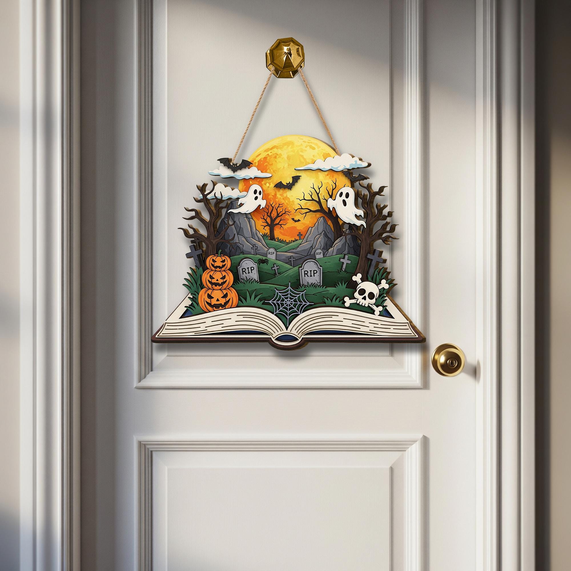 Halloween Storybook Door Hanger | Haunted Graveyard Hanging Sign with Ghosts | Spooky 3D Wall Decor | Pumpkin Skull Art