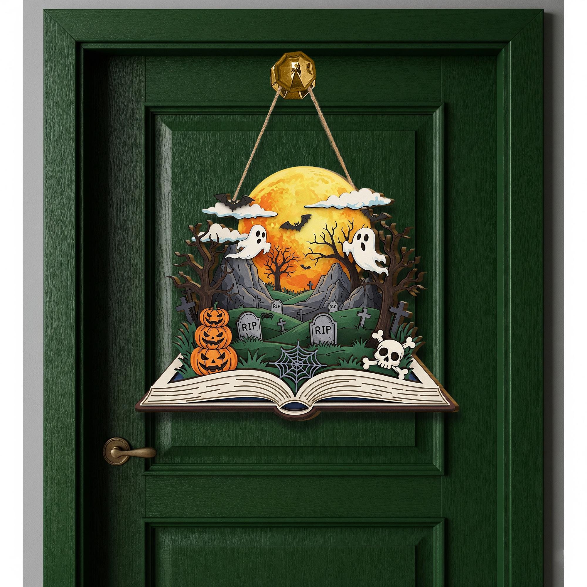 Halloween Storybook Door Hanger | Haunted Graveyard Hanging Sign with Ghosts | Spooky 3D Wall Decor | Pumpkin Skull Art