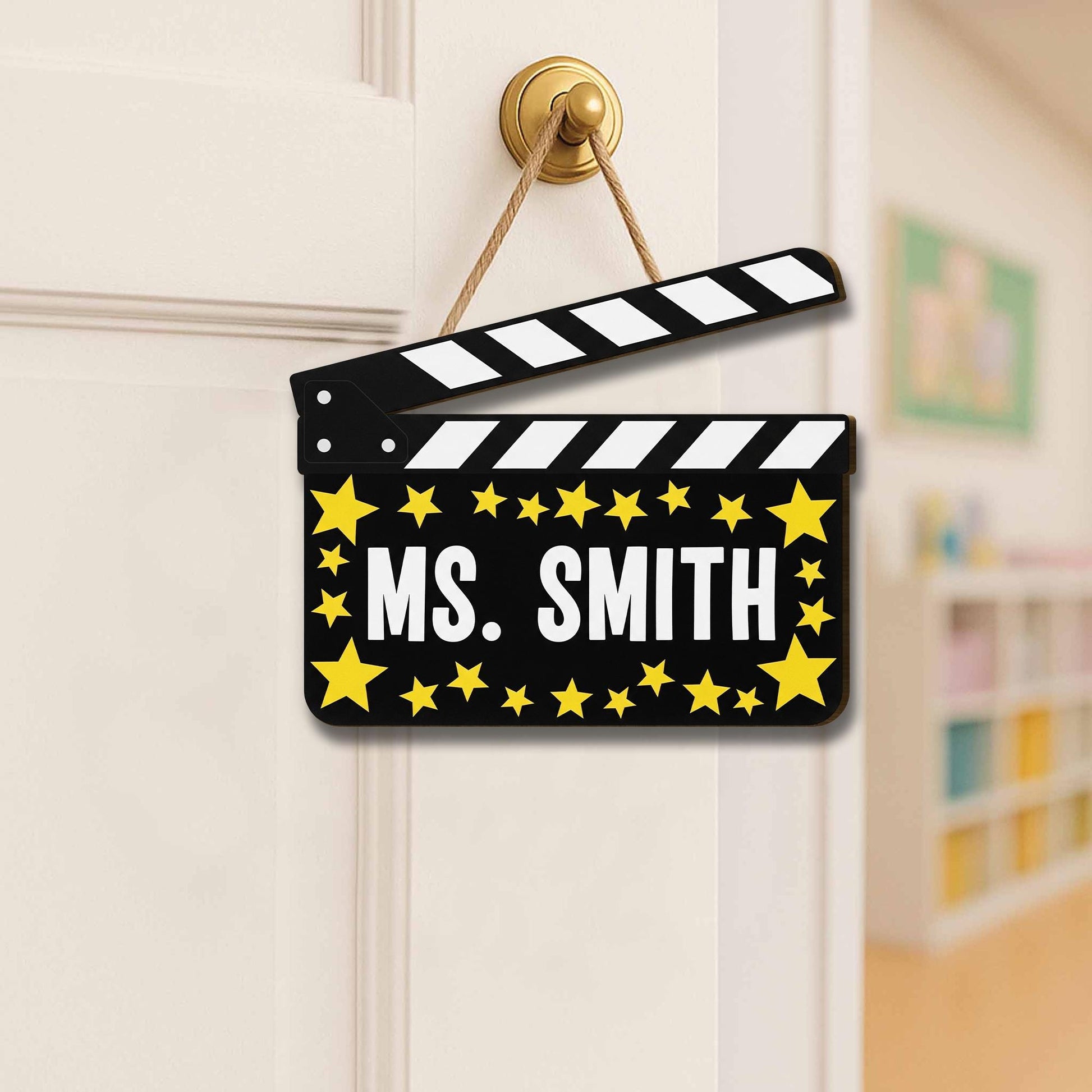 Personalized Movie Theme Teacher Door Sign – Custom Name Clapperboard Decor with Stars, Classroom Gift for Drama or Theater Teacher, Staffs
