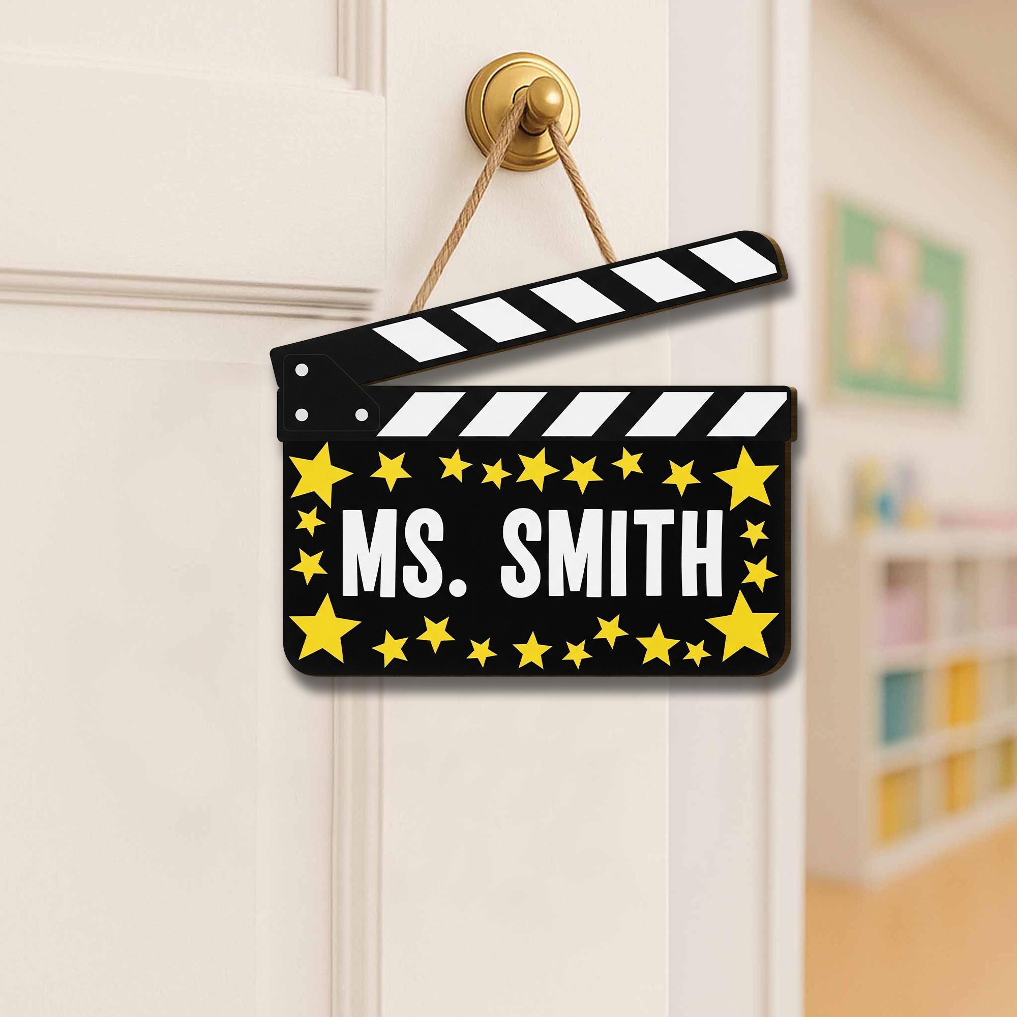 Personalized Movie Theme Teacher Door Sign – Custom Name Clapperboard Decor with Stars, Classroom Gift for Drama or Theater Teacher, Staffs