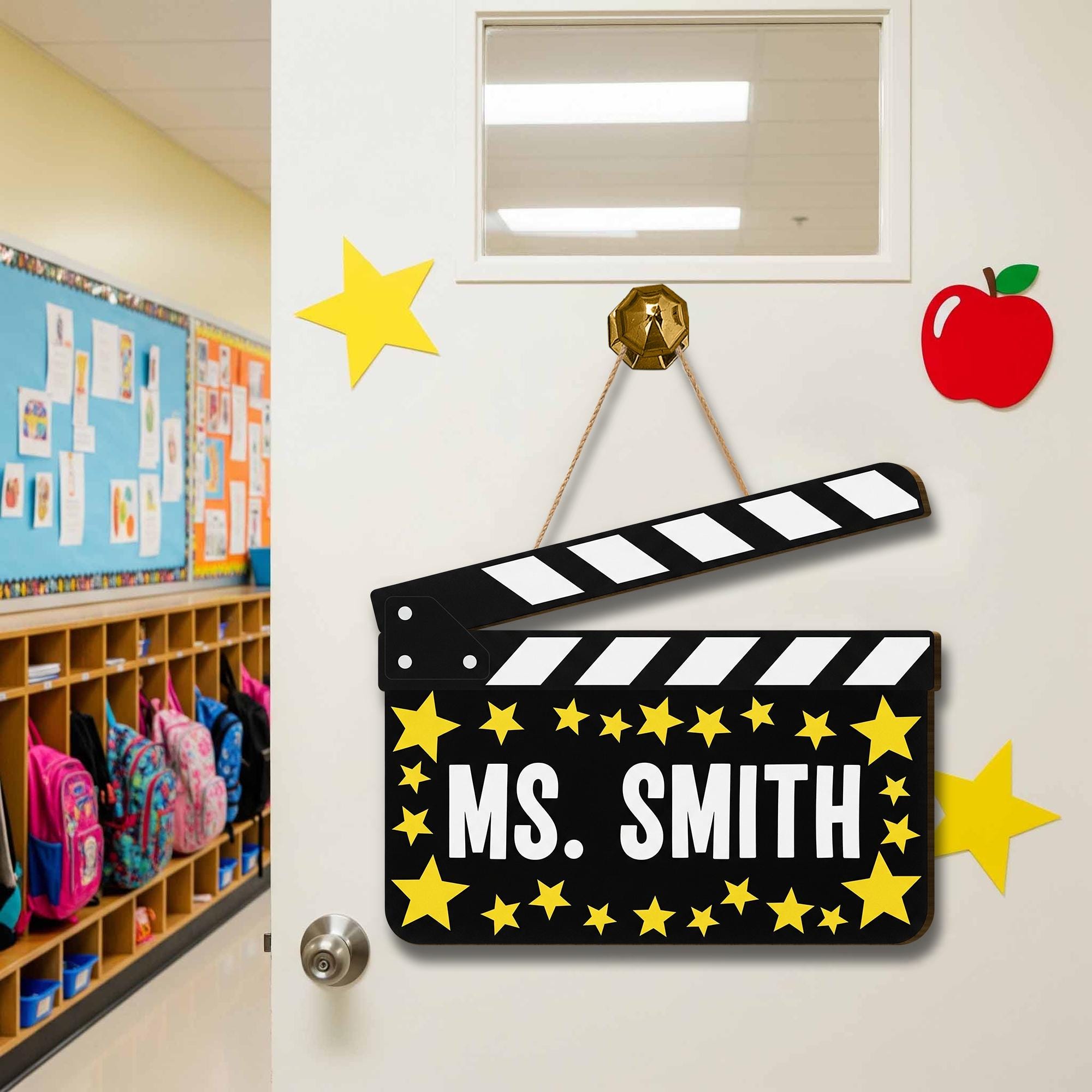 Personalized Movie Theme Teacher Door Sign – Custom Name Clapperboard Decor with Stars, Classroom Gift for Drama or Theater Teacher, Staffs