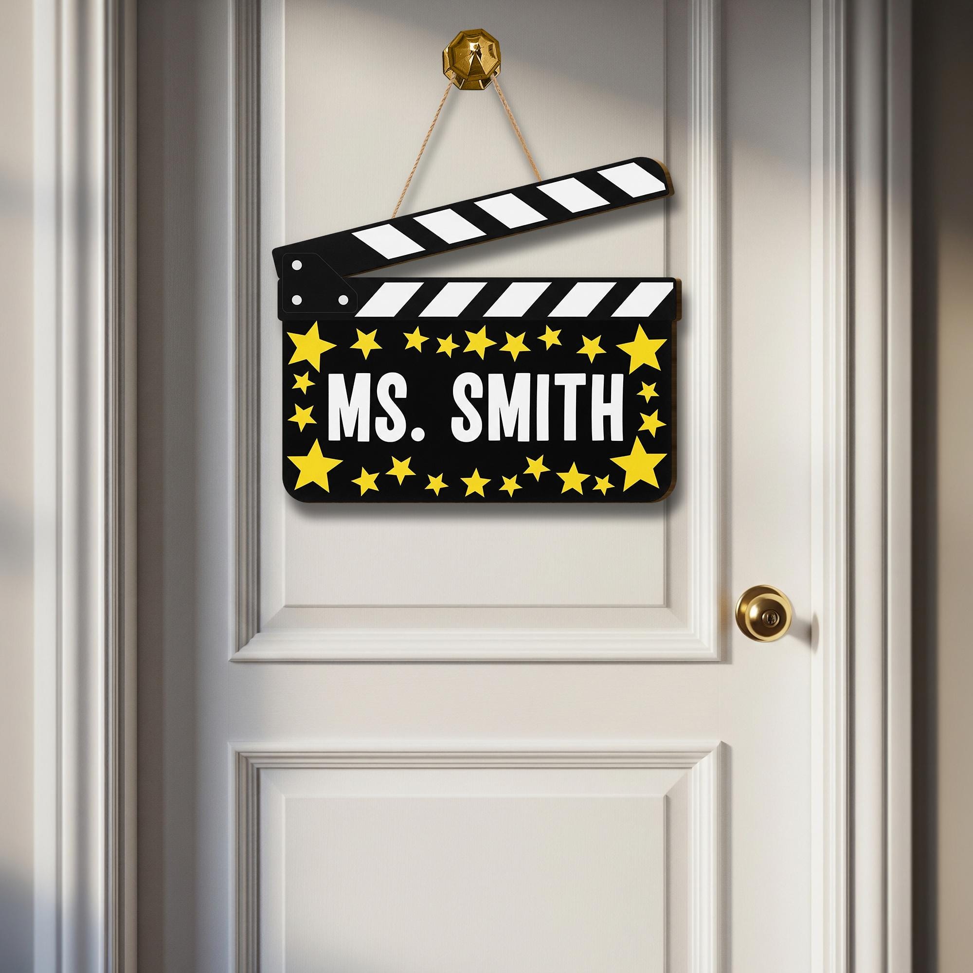 Personalized Movie Theme Teacher Door Sign – Custom Name Clapperboard Decor with Stars, Classroom Gift for Drama or Theater Teacher, Staffs