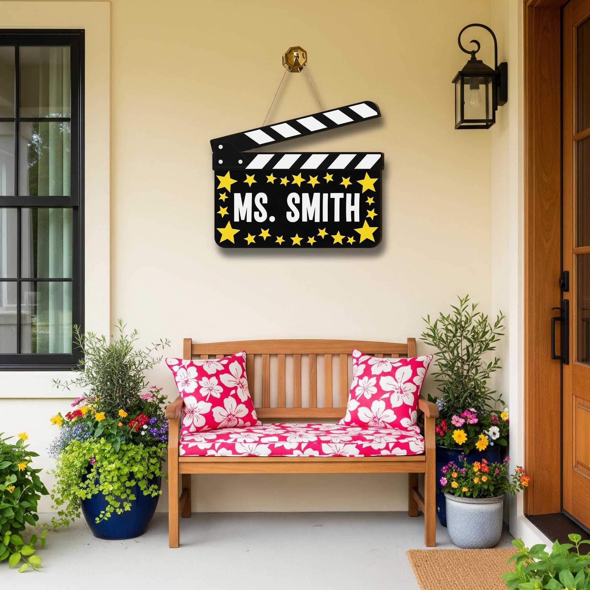 Personalized Movie Theme Teacher Door Sign – Custom Name Clapperboard Decor with Stars, Classroom Gift for Drama or Theater Teacher, Staffs