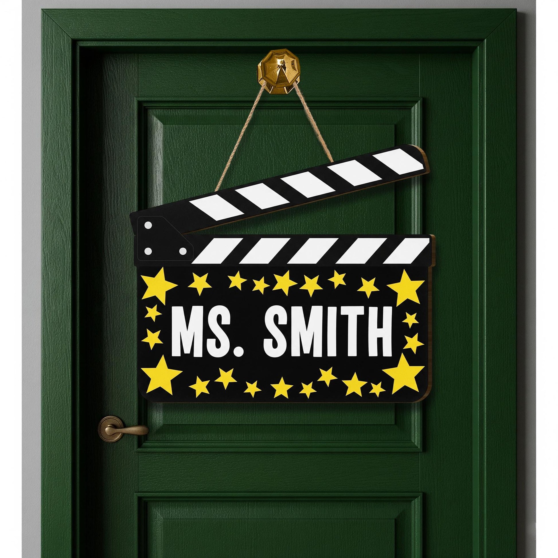 Personalized Movie Theme Teacher Door Sign – Custom Name Clapperboard Decor with Stars, Classroom Gift for Drama or Theater Teacher, Staffs