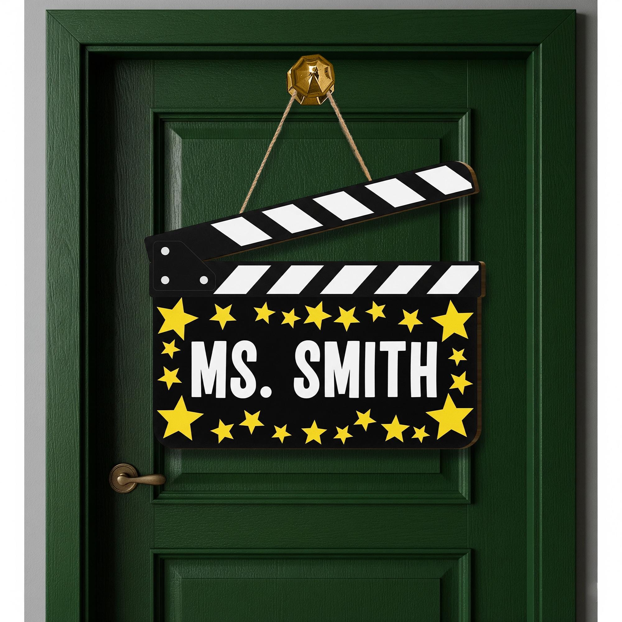 Personalized Movie Theme Teacher Door Sign – Custom Name Clapperboard Decor with Stars, Classroom Gift for Drama or Theater Teacher, Staffs