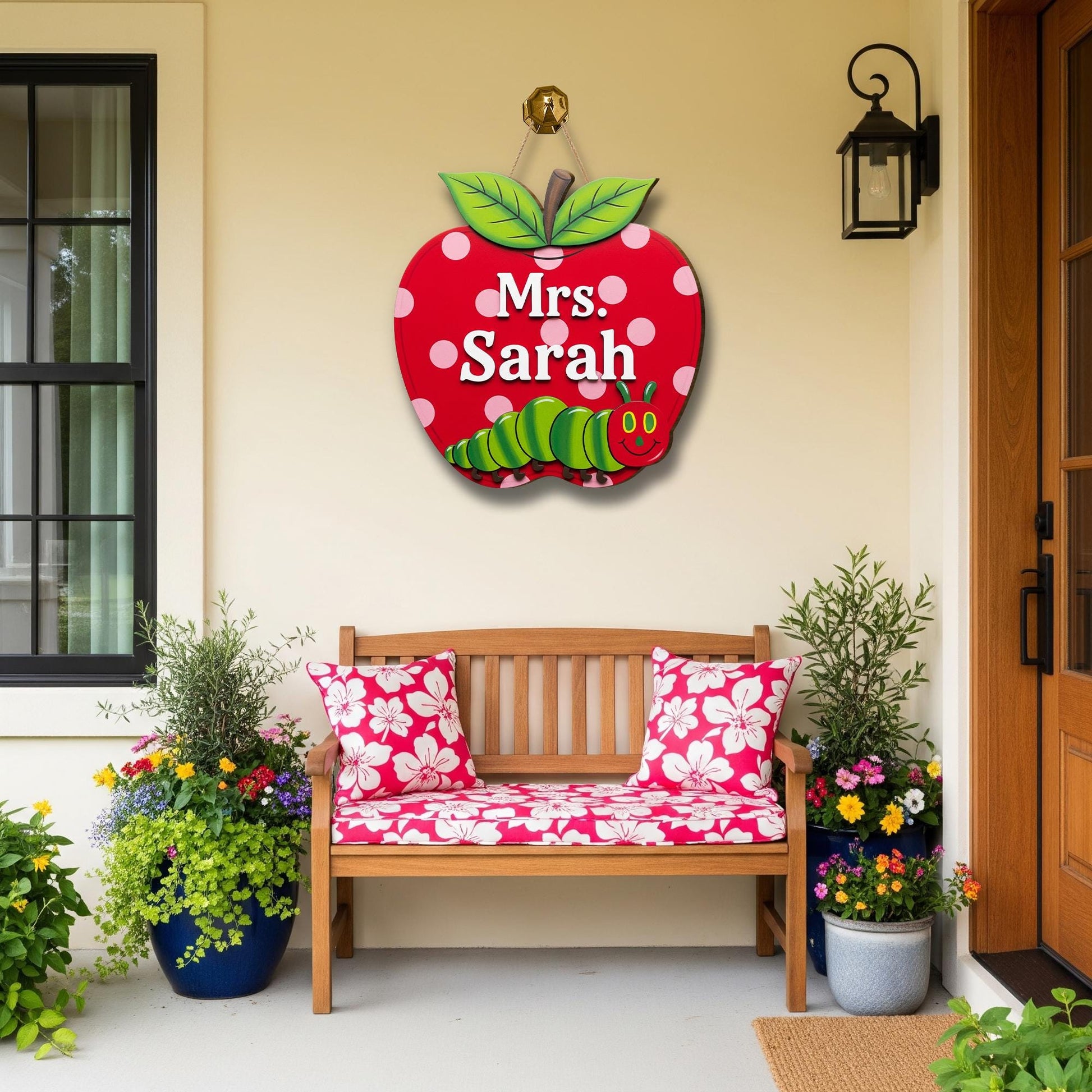 Personalized Apple Teacher Door Sign with Caterpillar – Custom Classroom Name Decor, Cute Back to School Gift for Teachers, School Supplies