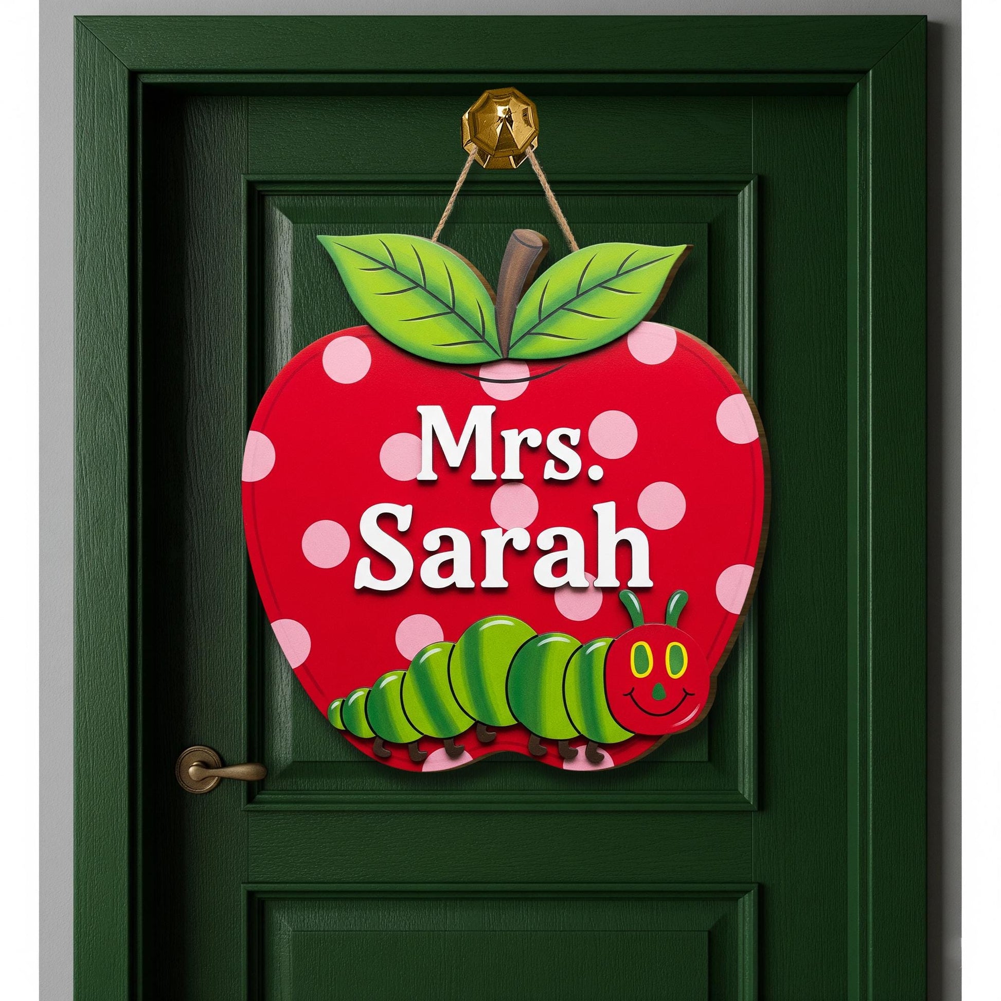 Personalized Apple Teacher Door Sign with Caterpillar – Custom Classroom Name Decor, Cute Back to School Gift for Teachers, School Supplies