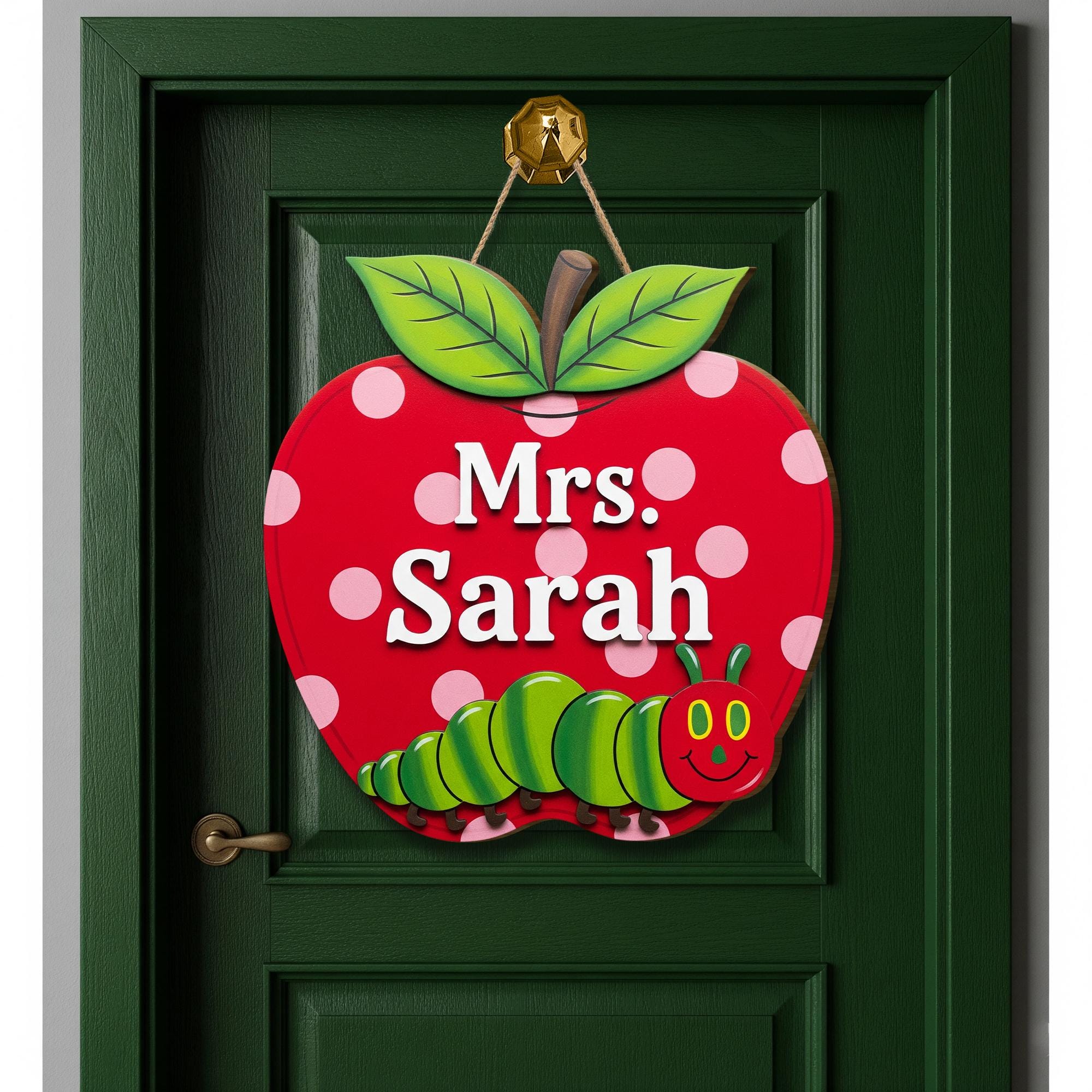 Personalized Apple Teacher Door Sign with Caterpillar – Custom Classroom Name Decor, Cute Back to School Gift for Teachers, School Supplies