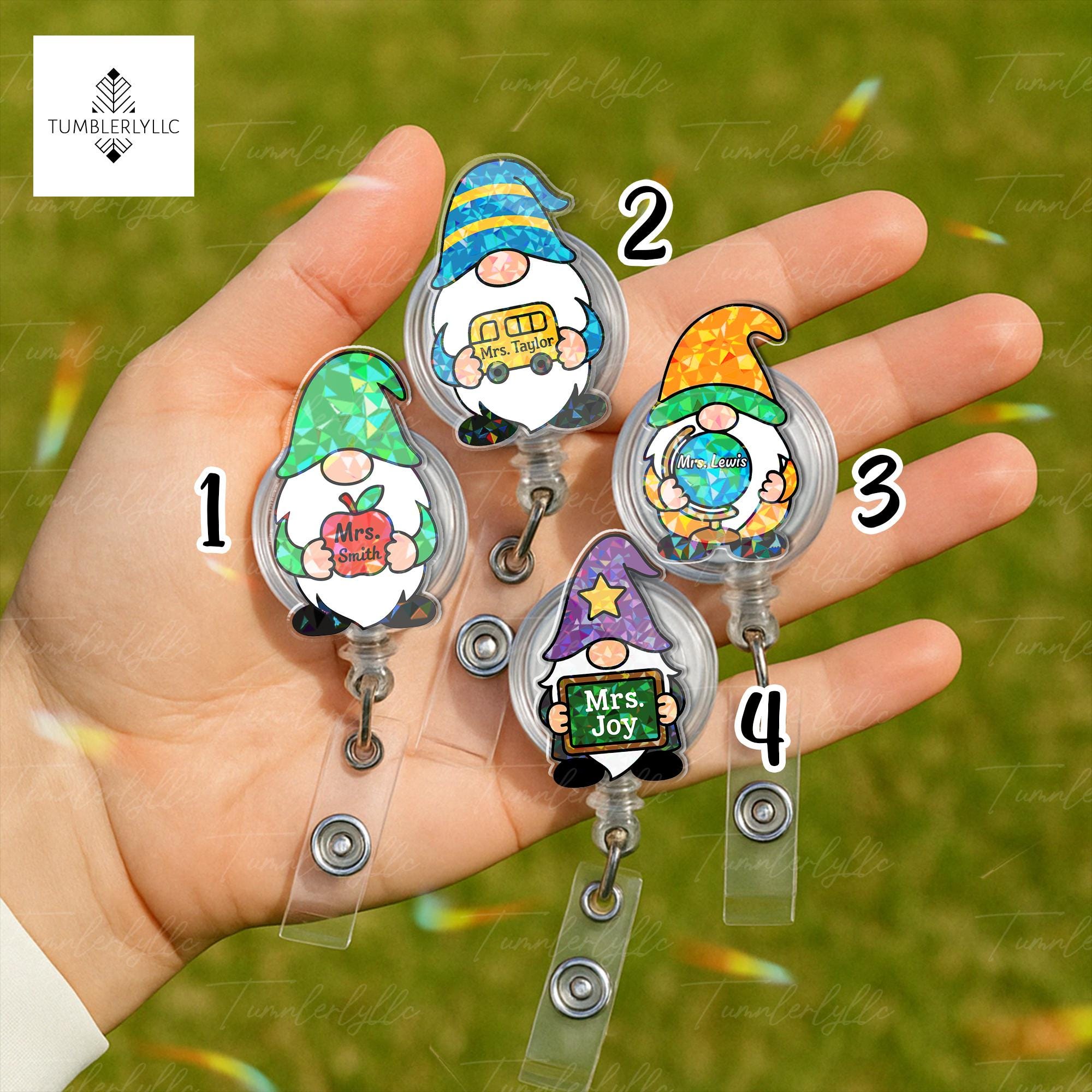 Custom Teacher Badge Reel, Personalized Gnome ID Holder, Cute Retractable Name Tag Clip, Back to School Gift for Mrs. or Mr.