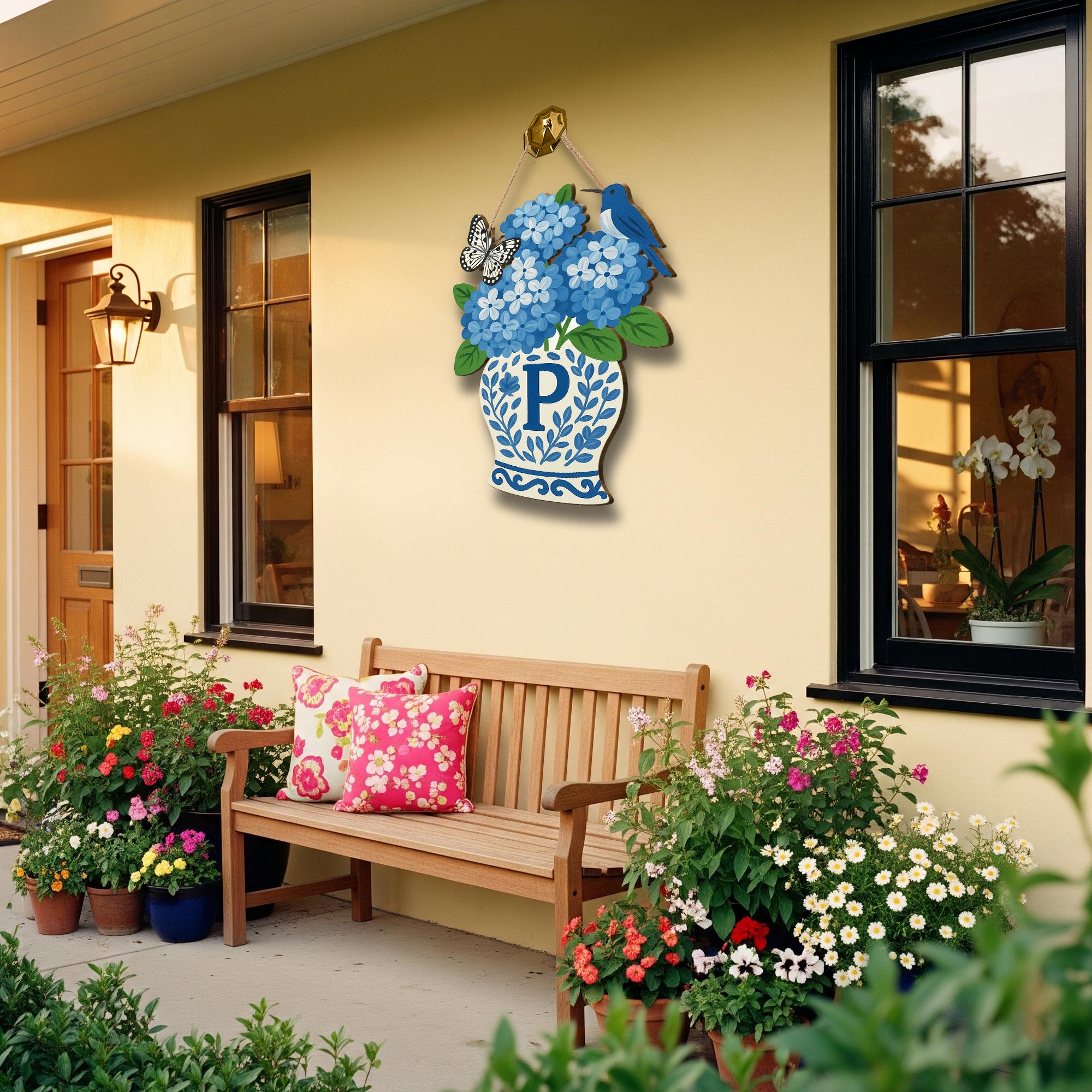 Hydrangea With Butterfly & Hummingbird Chinoiserie Vase Monogram Door Hanger | Blue and White Floral Front Door Decor | Garden Porch Sign