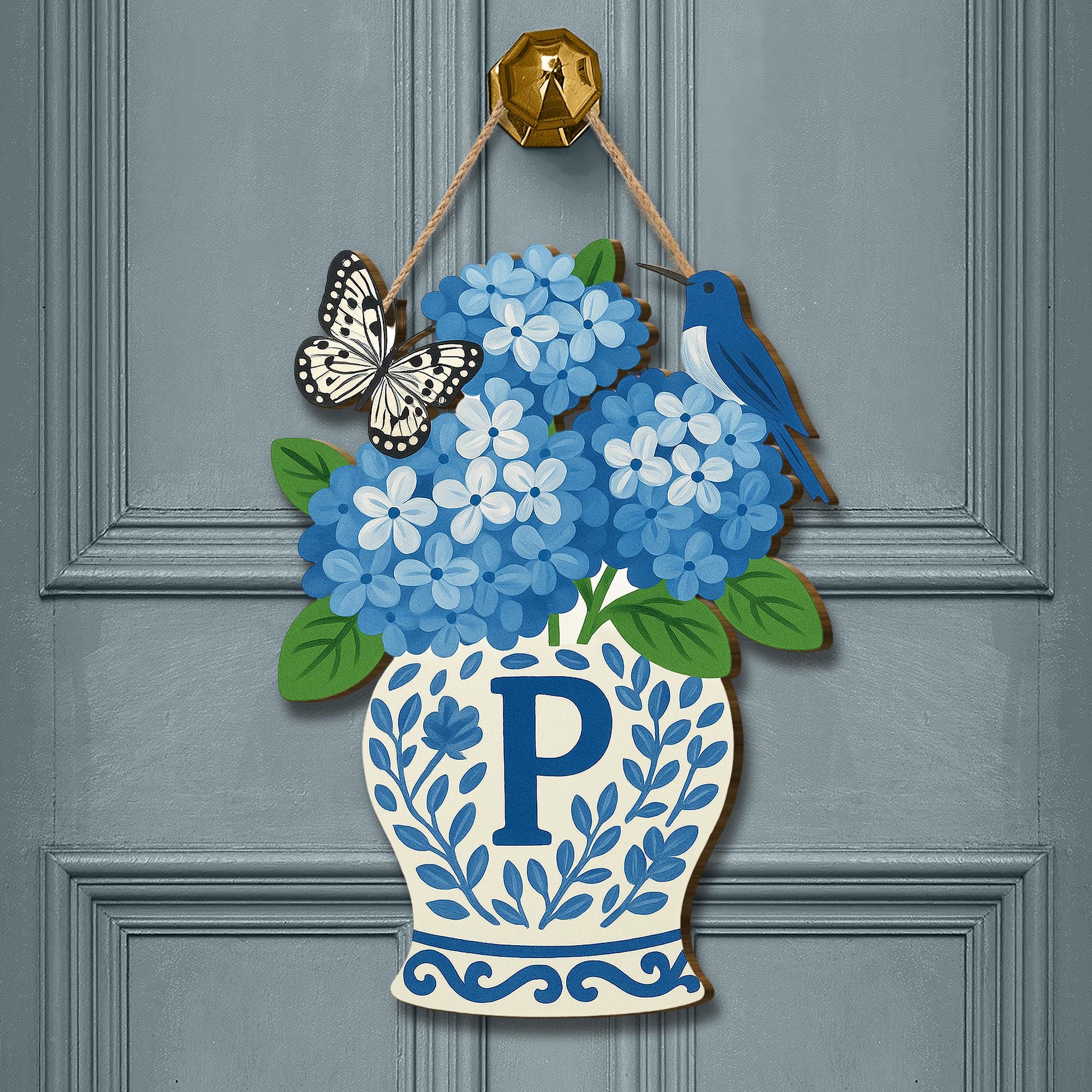 Hydrangea With Butterfly & Hummingbird Chinoiserie Vase Monogram Door Hanger | Blue and White Floral Front Door Decor | Garden Porch Sign