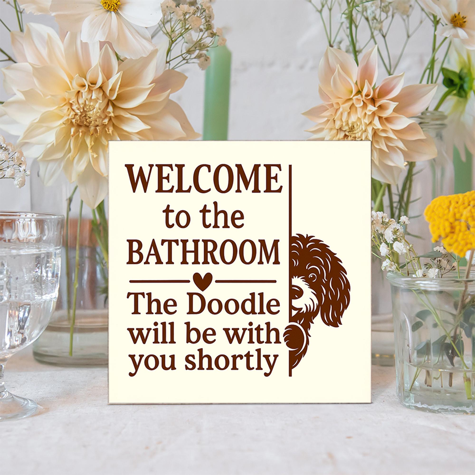 Funny Custom Dog Breed Bathroom Sign, Wooden Wall Decor for Pet Lovers, Doodle Poop Joke Plaque, Personalized Bathroom Gift