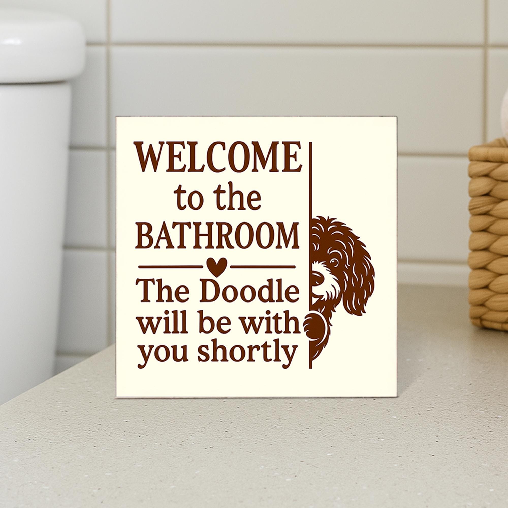 Funny Custom Dog Breed Bathroom Sign, Wooden Wall Decor for Pet Lovers, Doodle Poop Joke Plaque, Personalized Bathroom Gift