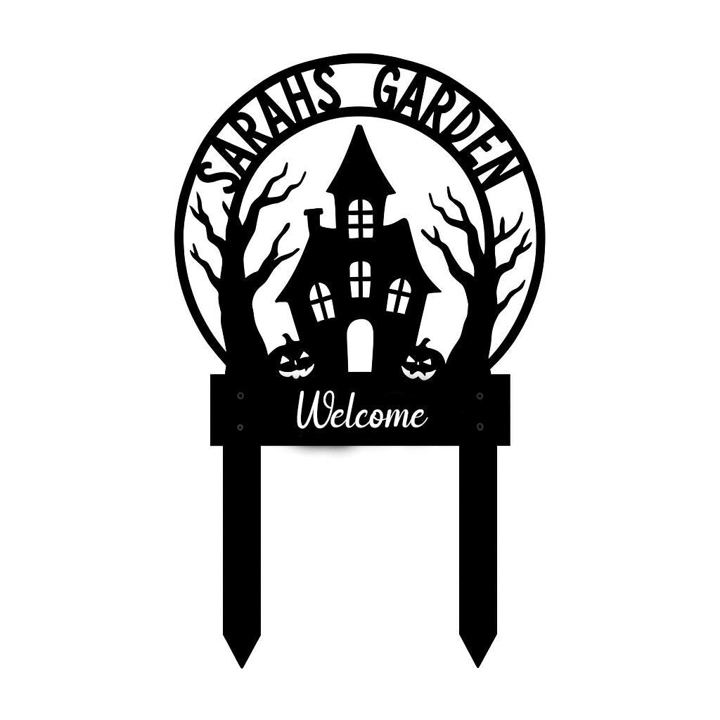 Personalized Halloween Garden Metal Sign – Haunted House Yard Stake, Spooky Outdoor Welcome Plaque, Personalized Fall Decor Gift