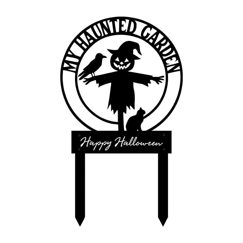 My Haunted Garden Metal Sign – Halloween Scarecrow Yard Stake, Spooky Outdoor Decor, Black Cat Raven Welcome Plaque, Fall Gift