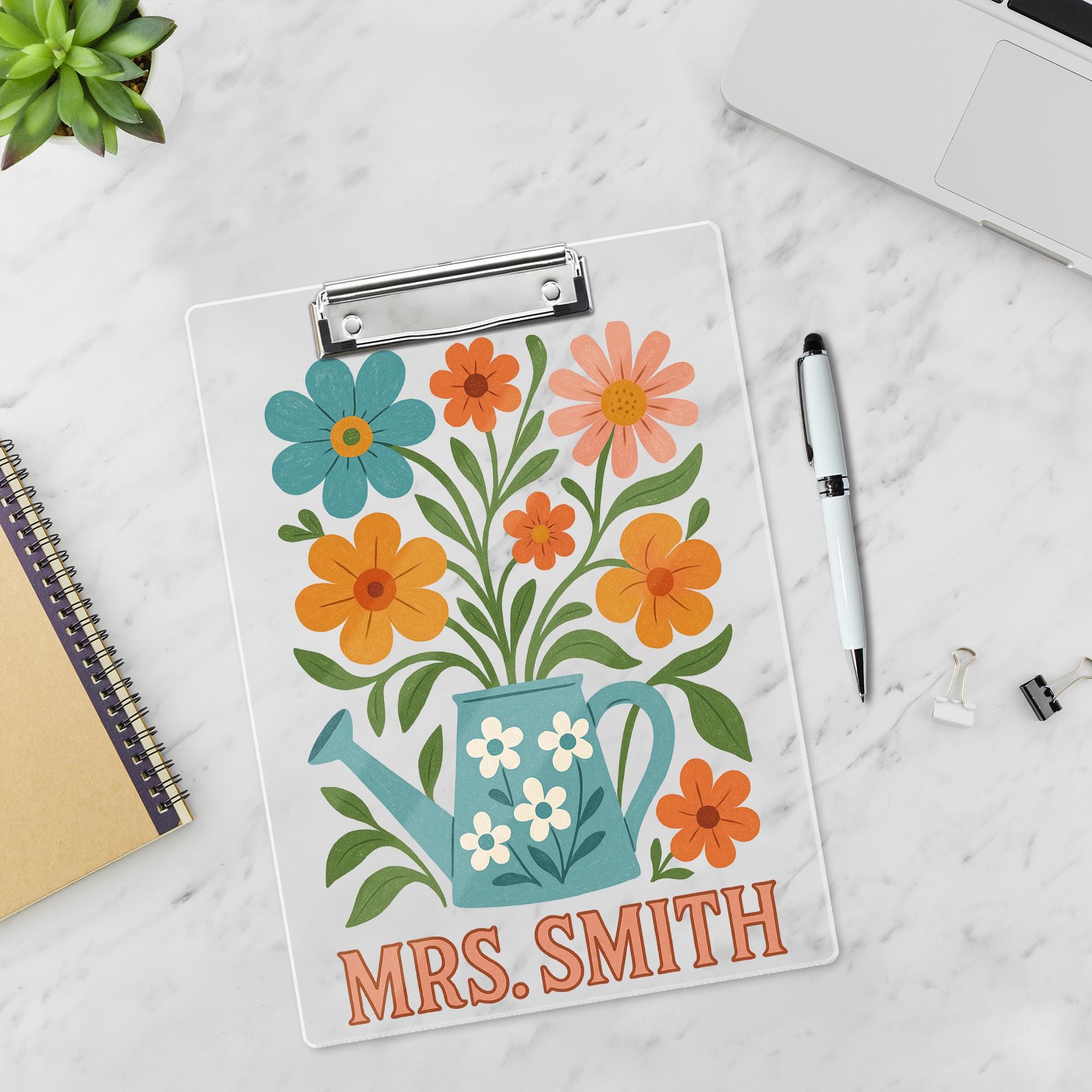 Personalized Teacher Clipboard, Custom Floral Clipboard Gift for Teacher, Back to School Gift, Watering Can Flower Design, Teacher Supplies