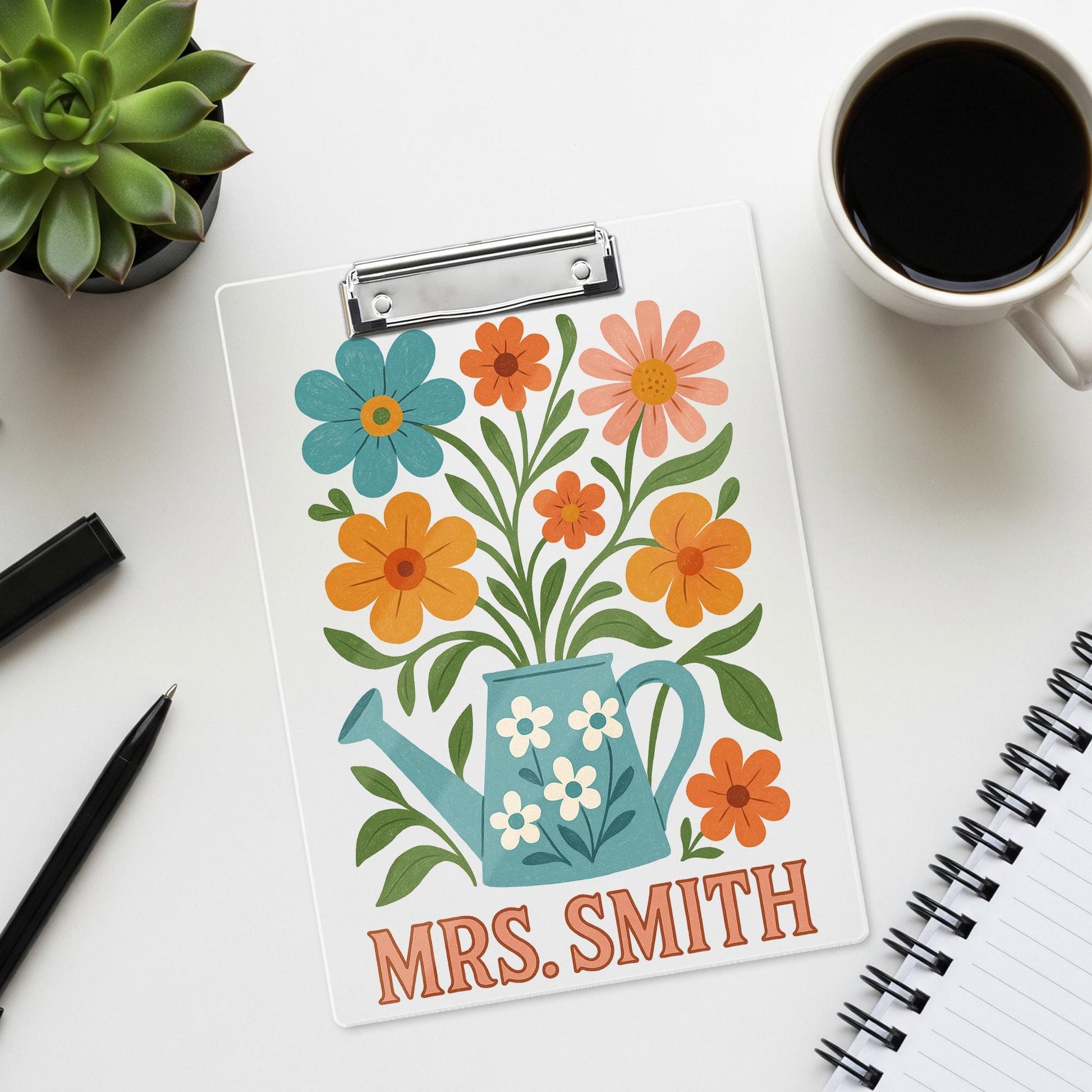 Personalized Teacher Clipboard, Custom Floral Clipboard Gift for Teacher, Back to School Gift, Watering Can Flower Design, Teacher Supplies
