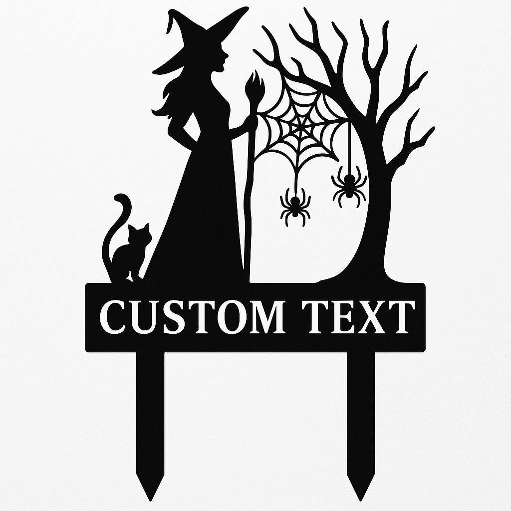 Personalized Witch Garden Sign – Custom Halloween Metal Yard Stake with Cat & Spiders, Fall Outdoor Decor, Spooky Season Gift