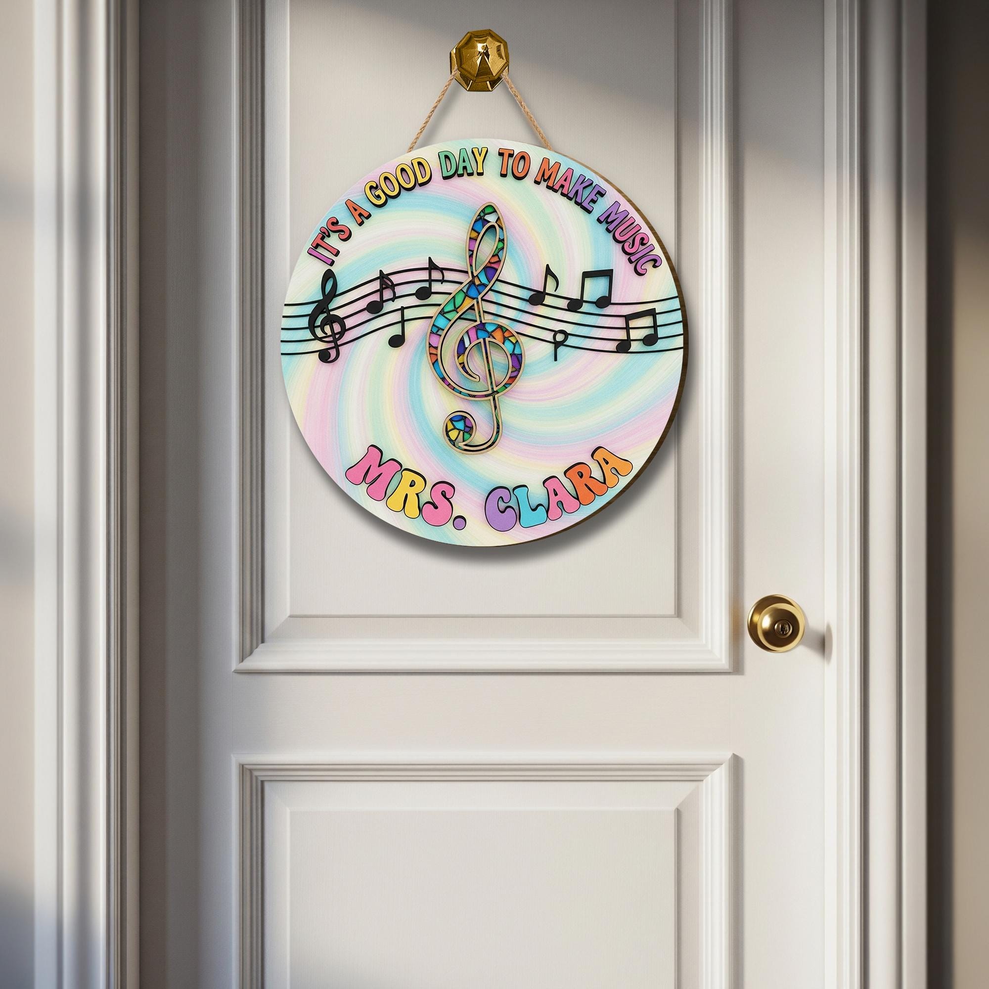 Custom Music Teacher Sign, 3D Wooden Classroom Decor for Music Classroom, Rainbow Treble Clef, Back to School Door Sign