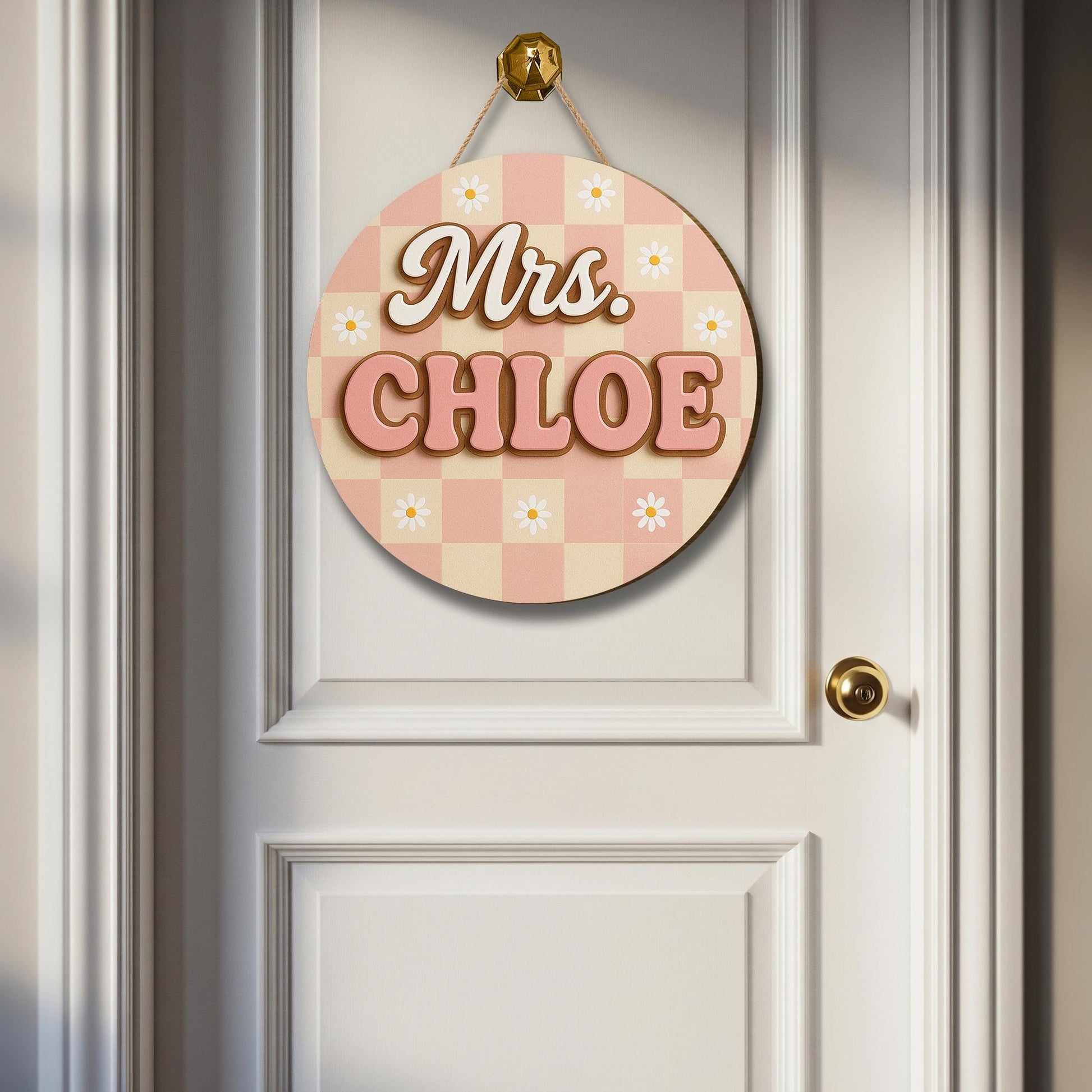 Custom Teacher Name Sign, 3D Wooden Sign for Teacher, Pink Gingham Floral Decor, Back to School Door Hanger, Retro Classroom Decor