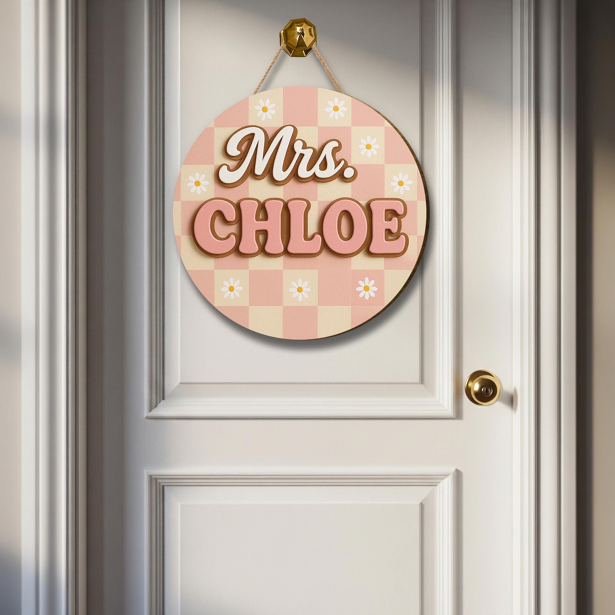 Custom Teacher Name Sign, 3D Wooden Sign for Teacher, Pink Gingham Floral Decor, Back to School Door Hanger, Retro Classroom Decor