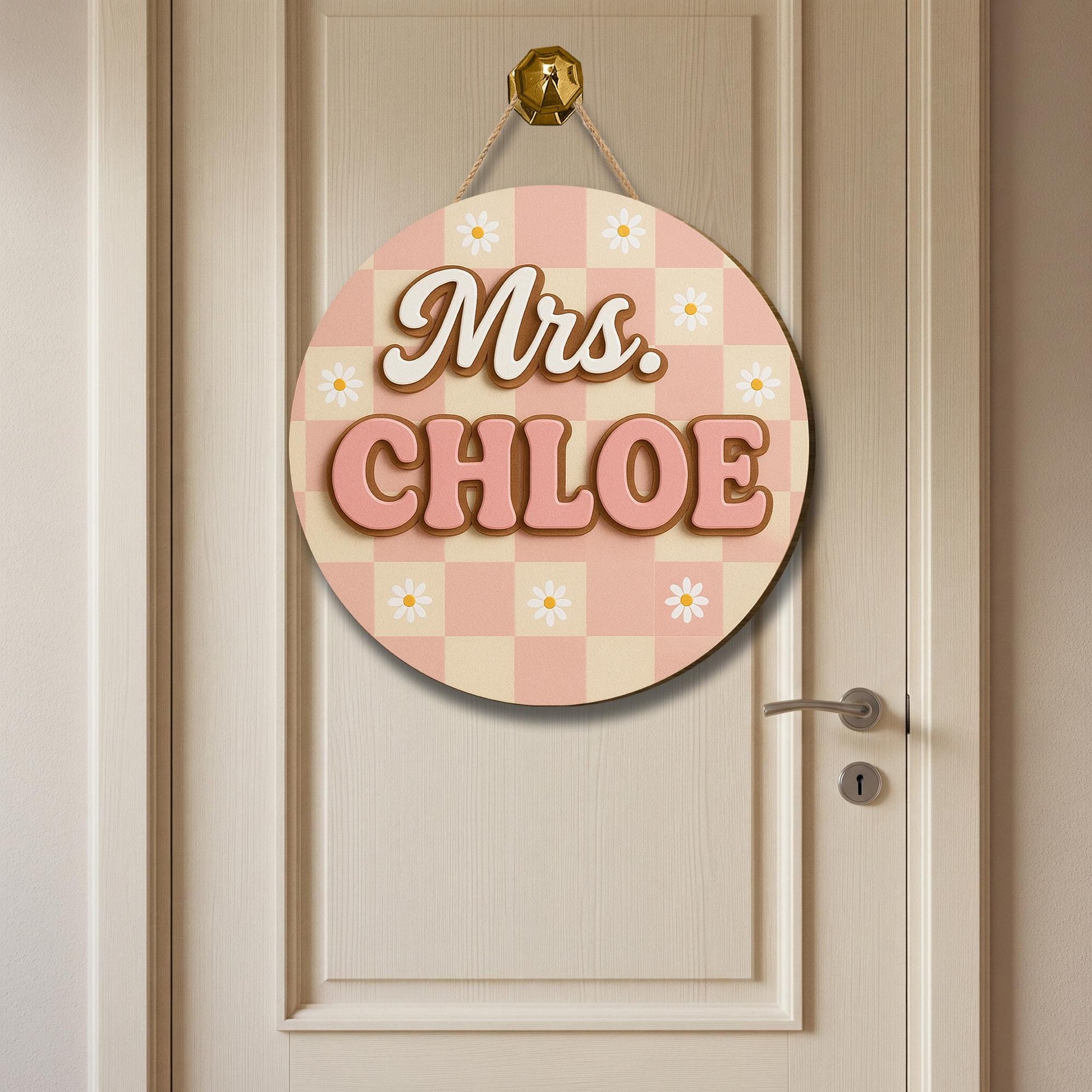 Custom Teacher Name Sign, 3D Wooden Sign for Teacher, Pink Gingham Floral Decor, Back to School Door Hanger, Retro Classroom Decor