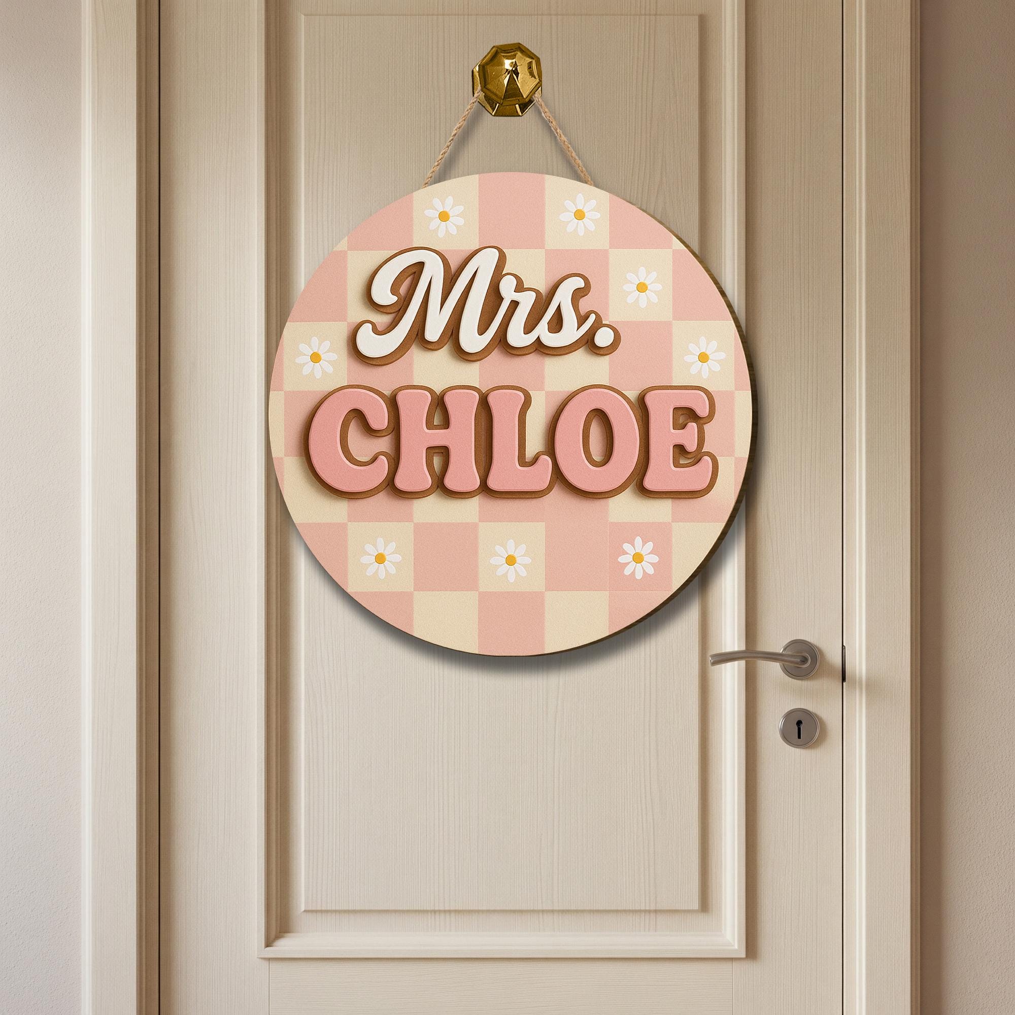 Custom Teacher Name Sign, 3D Wooden Sign for Teacher, Pink Gingham Floral Decor, Back to School Door Hanger, Retro Classroom Decor