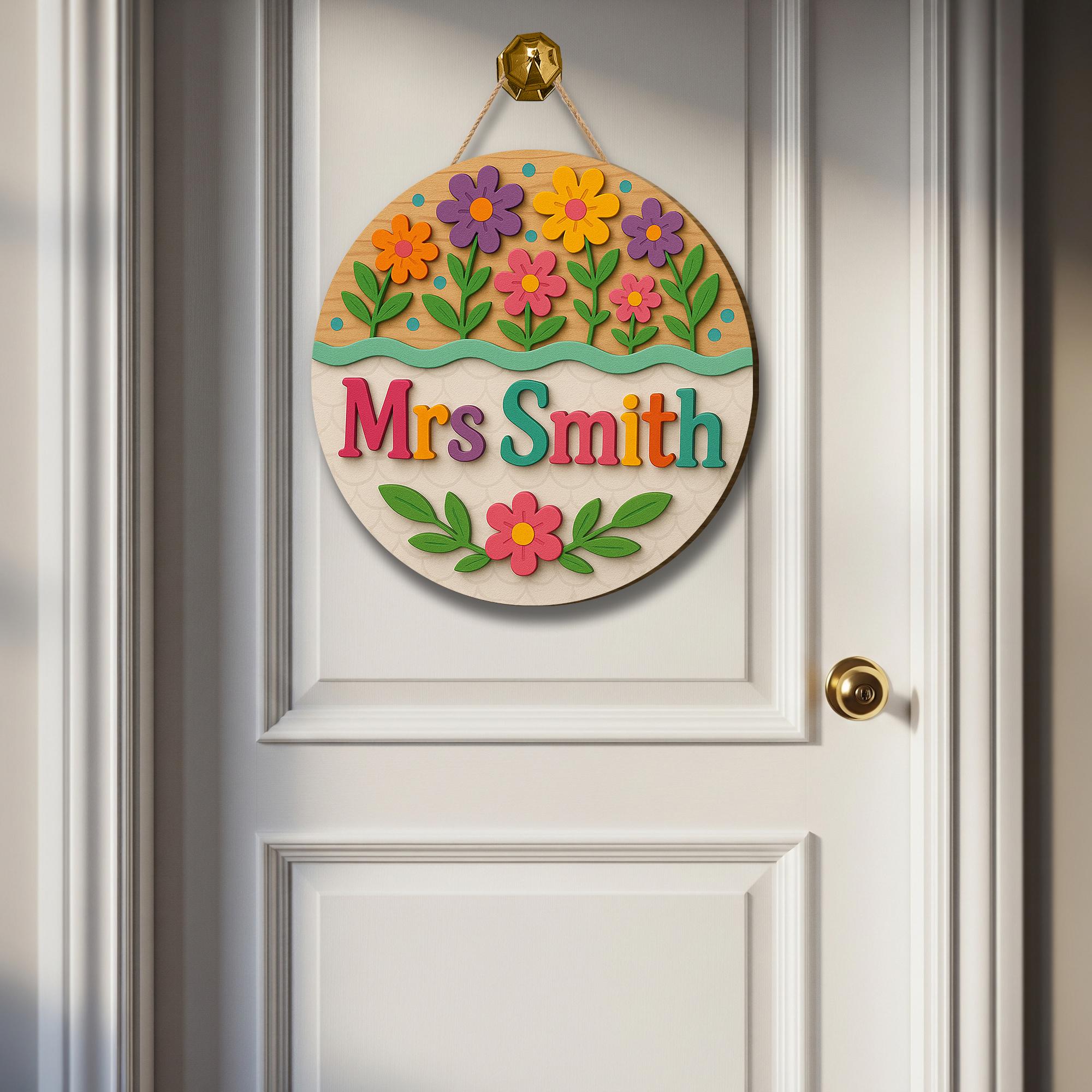 Custom Floral Teacher Sign, 3D Wooden Name Sign for Teacher Classroom, Colorful Classroom Door Decor, Back to School Gift